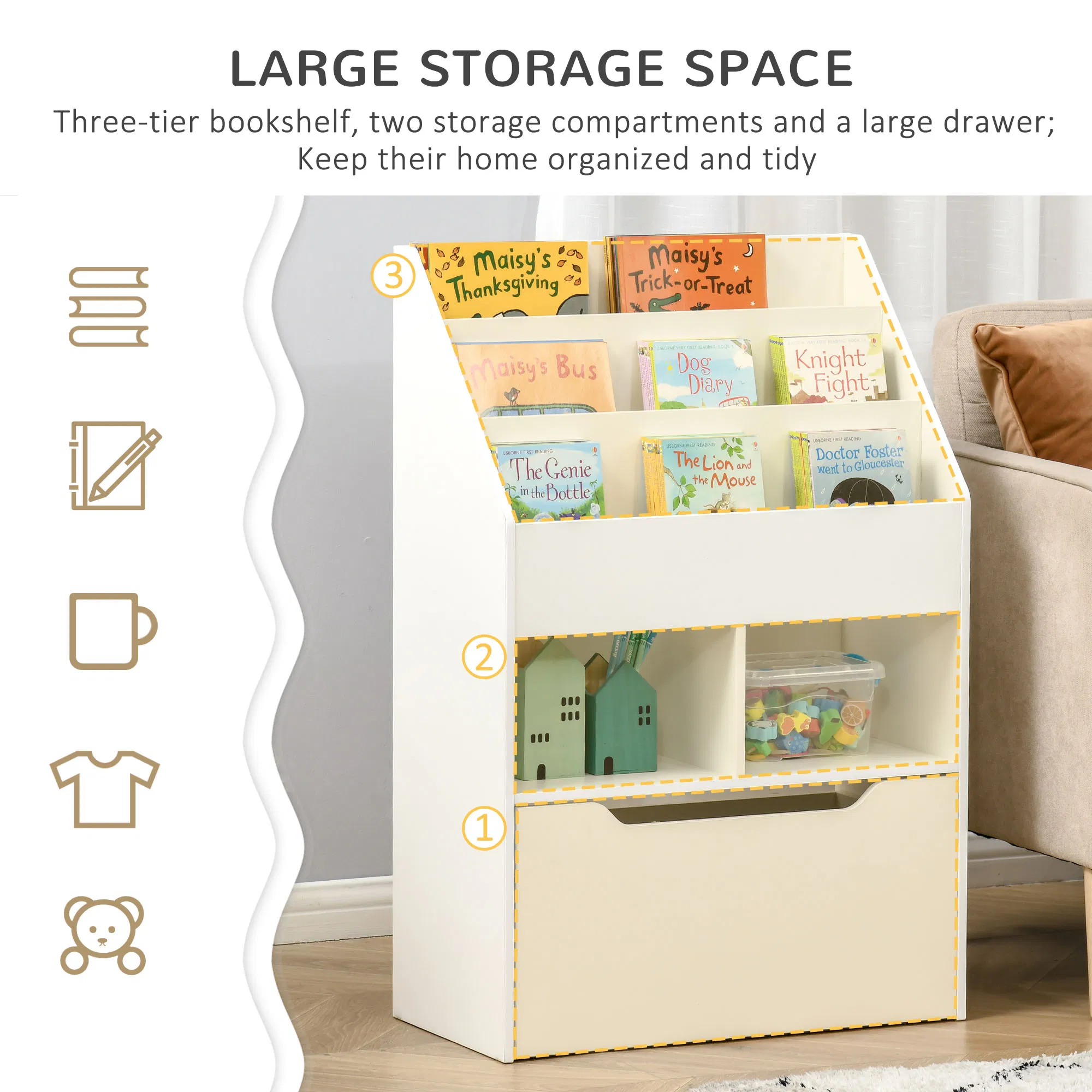 Kids Bookcase Multi-Shelf Rack Organizer with Storage Drawer for Books for Reading Nook, Classroom, Bedroom, Playroom, White photo 4