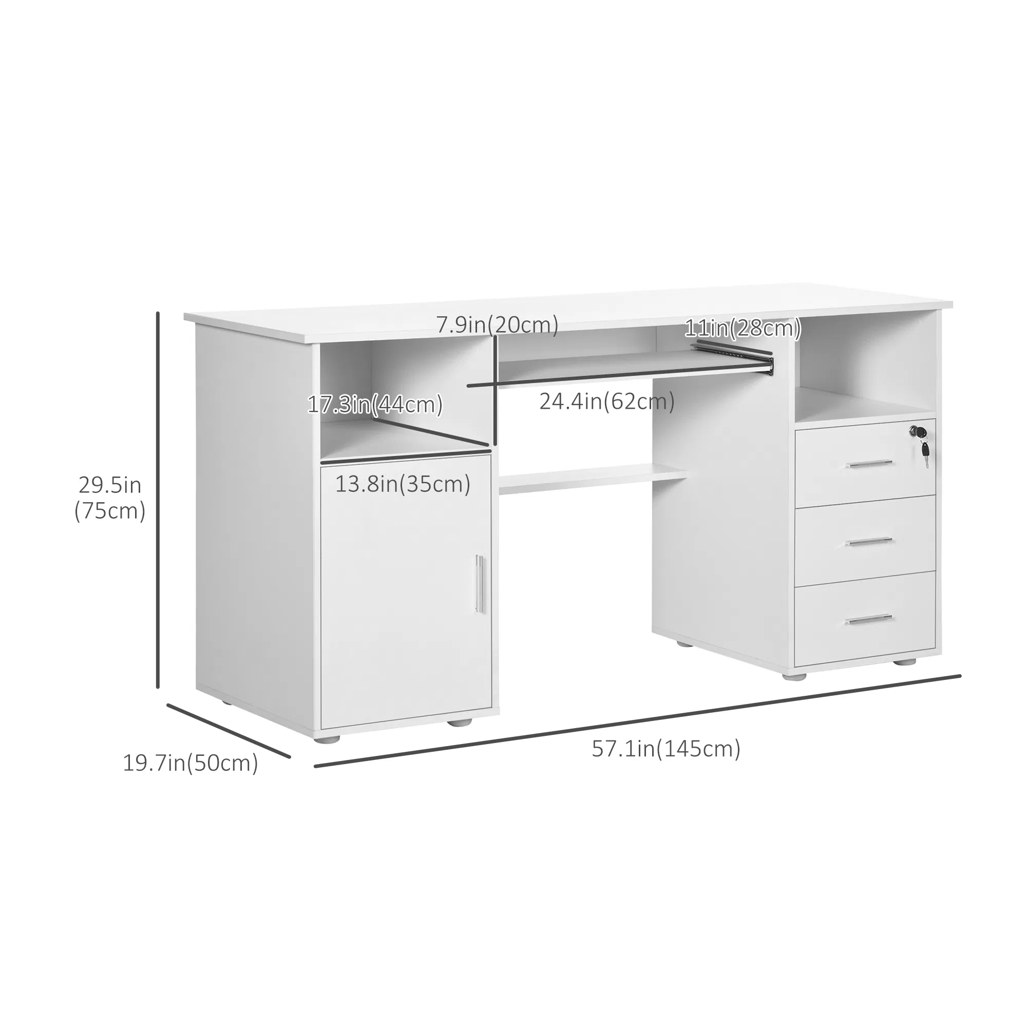 Computer Desk with Keyboard Tray and Drawers, Writing Desk, Home Office Workstation, White photo 5