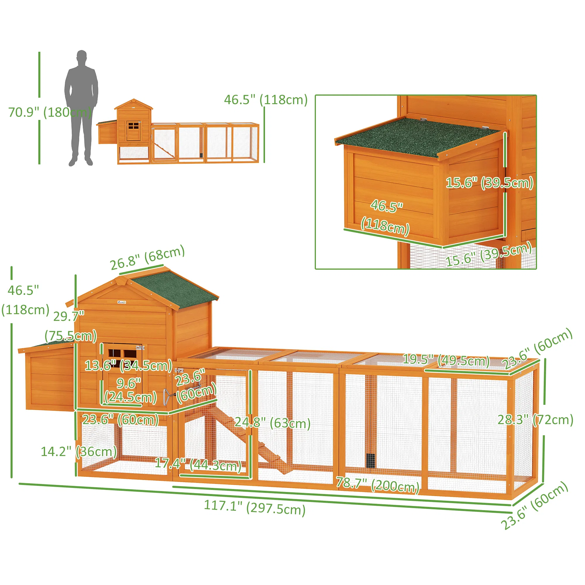 117" Extra Large Chicken Coop with Asphalt Roof, Wooden Hen House with Slide-out Tray, Quail Hutch with Nesting Box, Orange photo 3