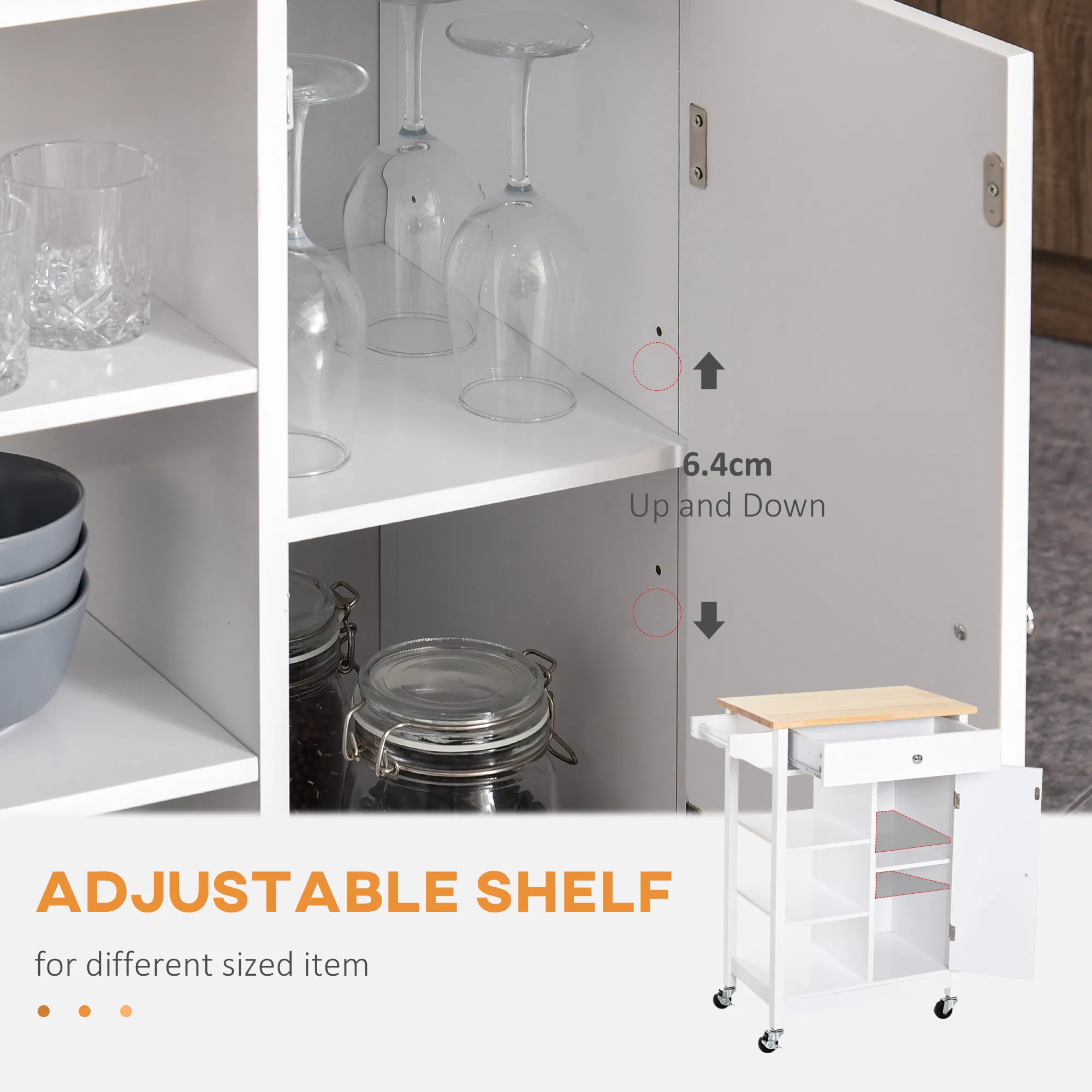 Modern Rolling Kitchen Island Cart with Drawer, Natural Wood Top, Towel Rack, Door Storage Cabinet, White photo 5