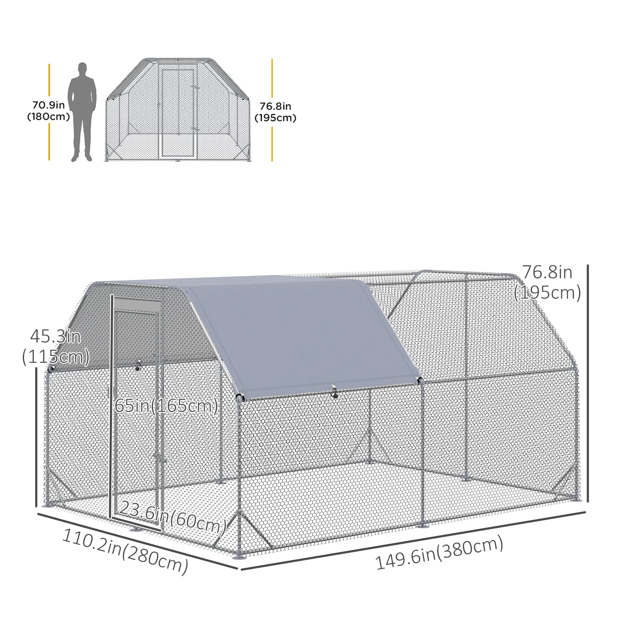 Chicken Run, Galvanized Large Metal Chicken Coop Cage, Walk-in Enclosure Poultry Hen Run House Playpen Rabbit Hutch with Flat Roof, Cover, 9.2' x 12.5' x 6.5', Silver photo 2