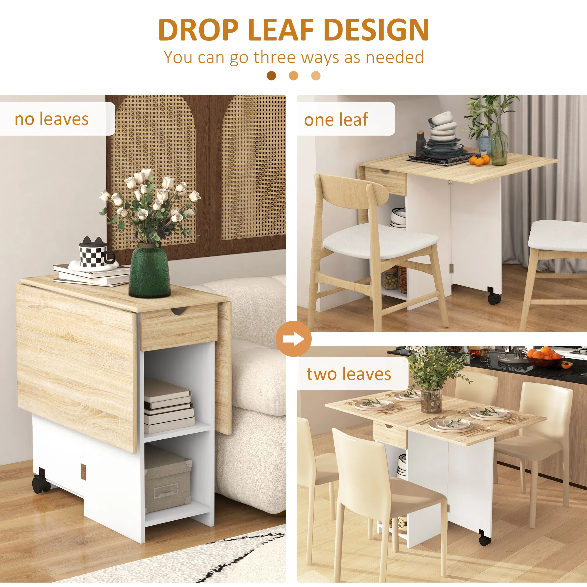 Folding Dining Table, Space Saving Drop Leaf Table with Drawer and Storage Shelves for Kitchen, Dining Room, Oak photo 3
