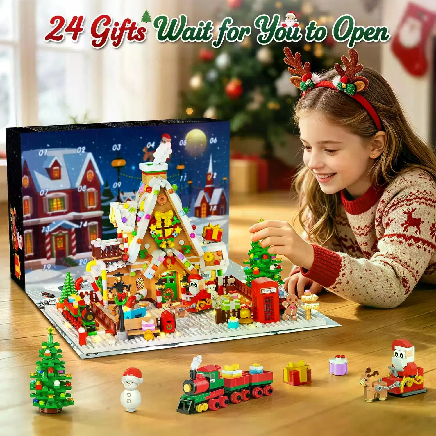 1642-Piece Mini Gingerbread House Advent Calendar, 3.6mm Building Block Christmas Countdown Set with Warm LED Lights, 24-Day Holiday Village Gift photo 8
