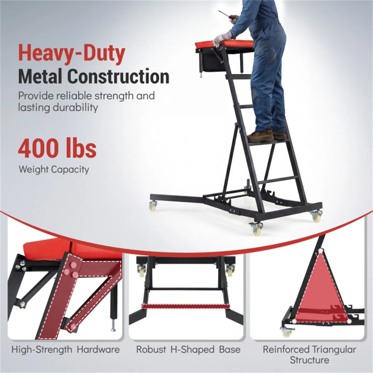 400 LBS Capacity Heavy Duty Topside Creeper with 4-Level Height Adjustable, Foldable Automotive Engine Creeper photo 3