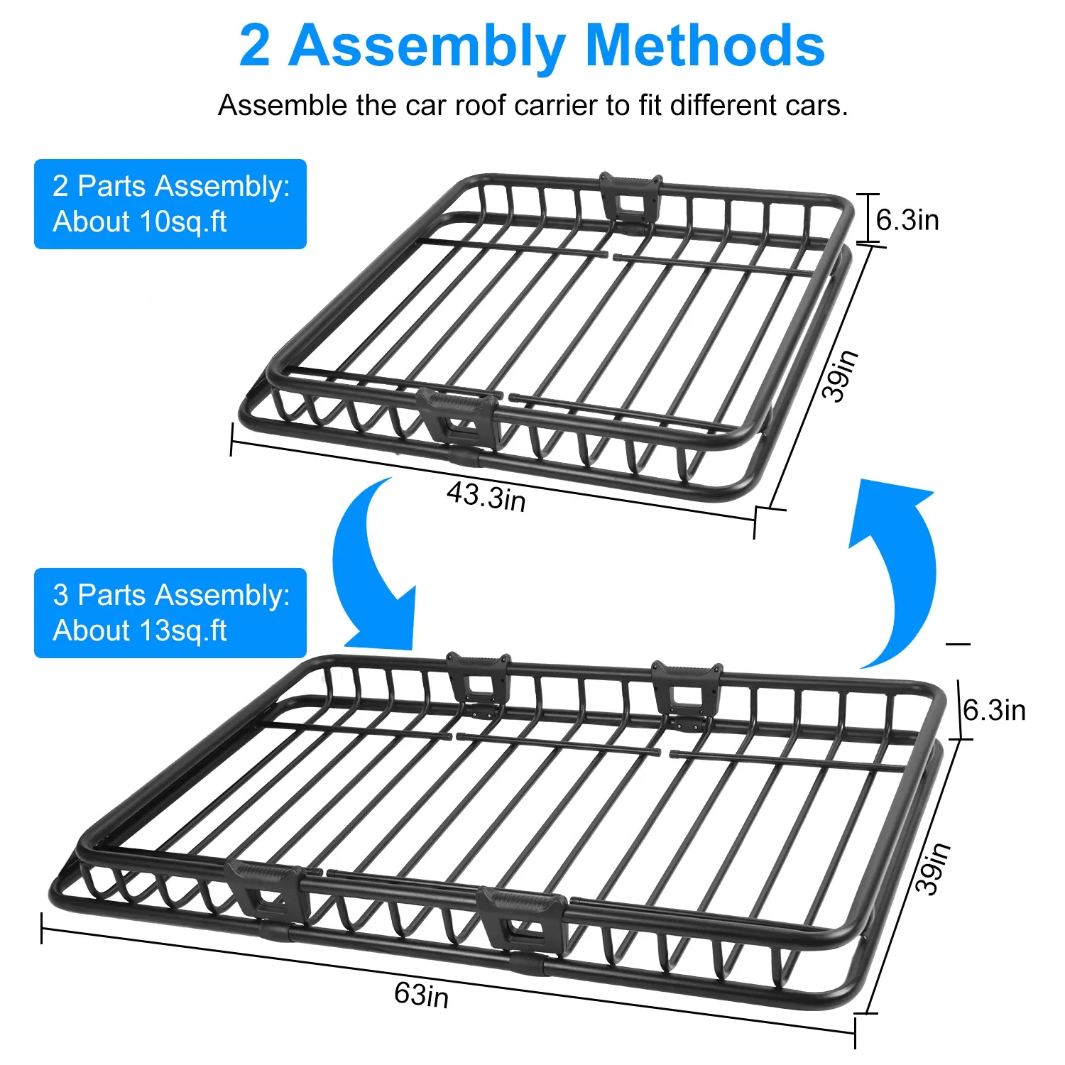 63x39x6.3in Universal Roof Rack Cargo Carrier Car Top Luggage Holder Basket with Hook Strap Elastic Net photo 2