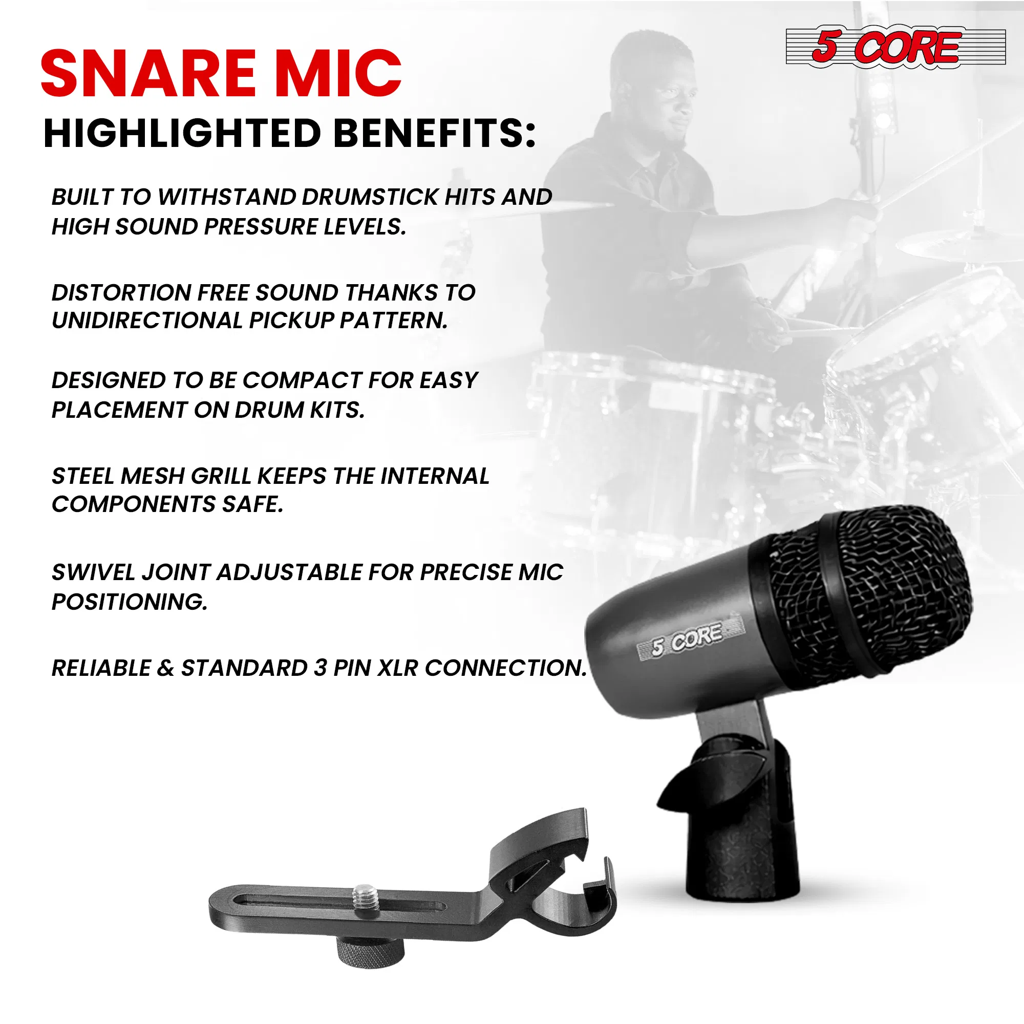 5Core Snare Mic XLR Cardioid Tom Drum Kick Instrument Microphone BLACK photo 8