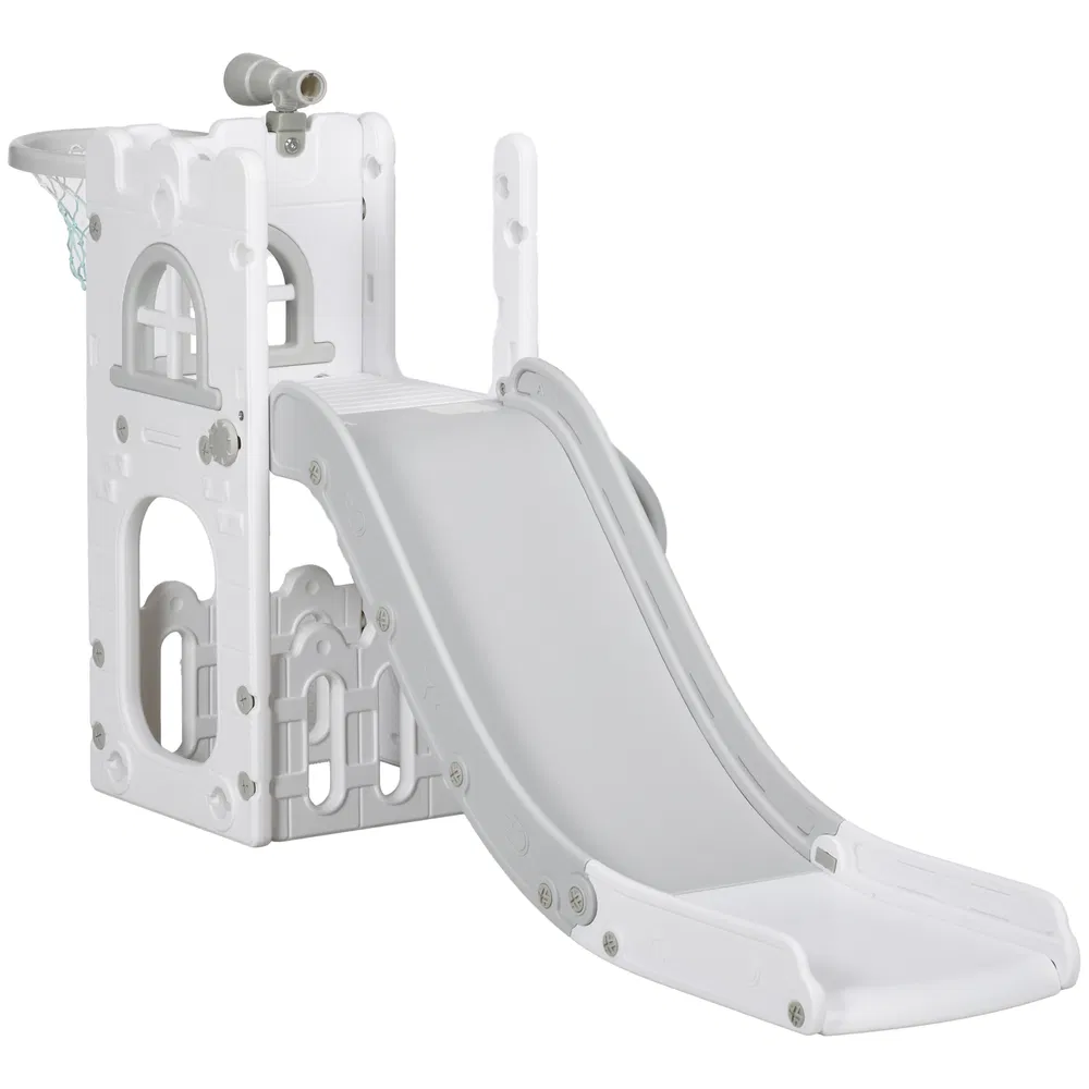 4 in 1 Toddler Slide with Basketball Hoop, Climber, Telescope, Storage Basket, for 1-3 Years Kids Indoor Use, Grey photo 7