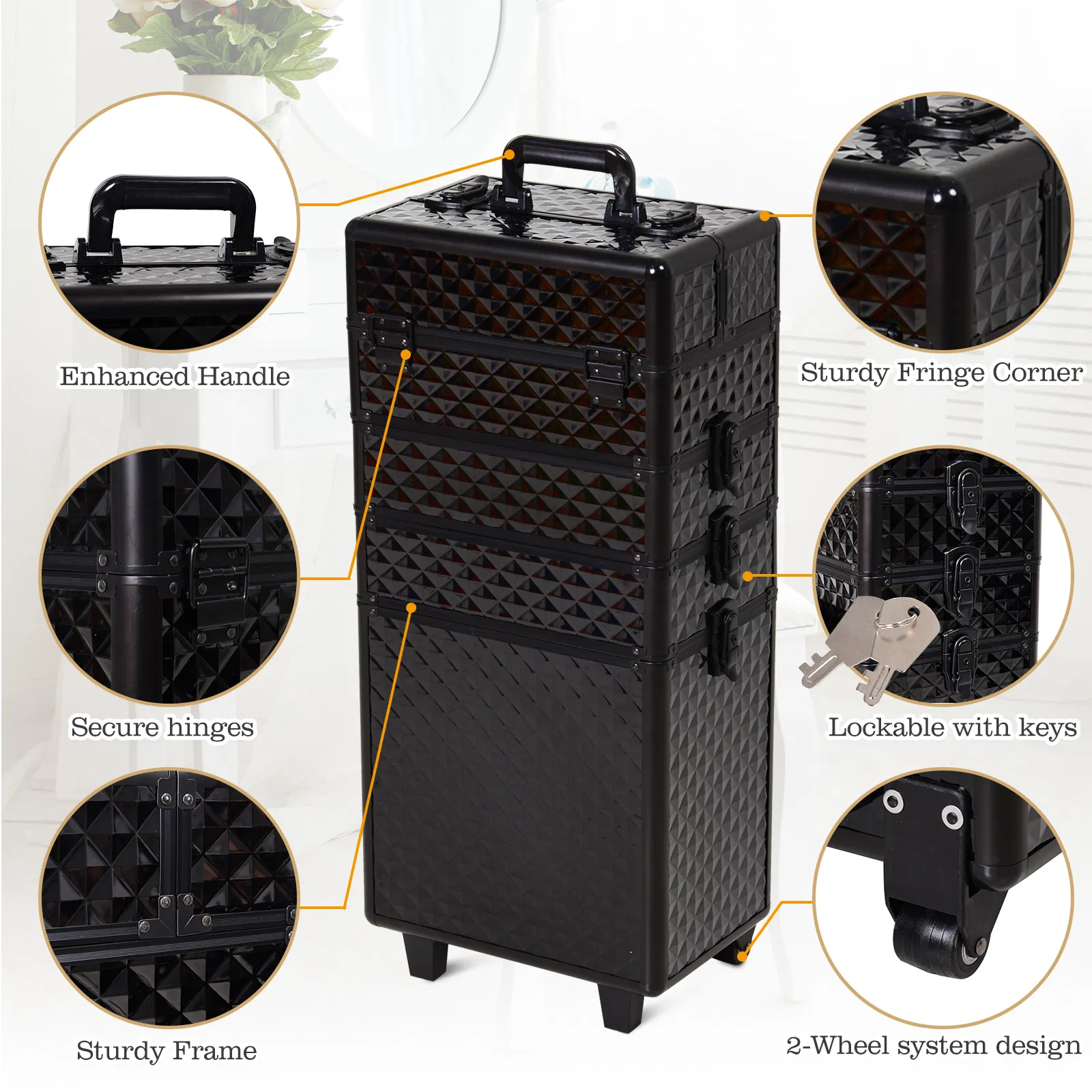 4 in 1 Makeup Train Case Portable Aluminum Rolling Cosmetic Organizer Trolley with Wheels Multiple Compartments Black photo 2