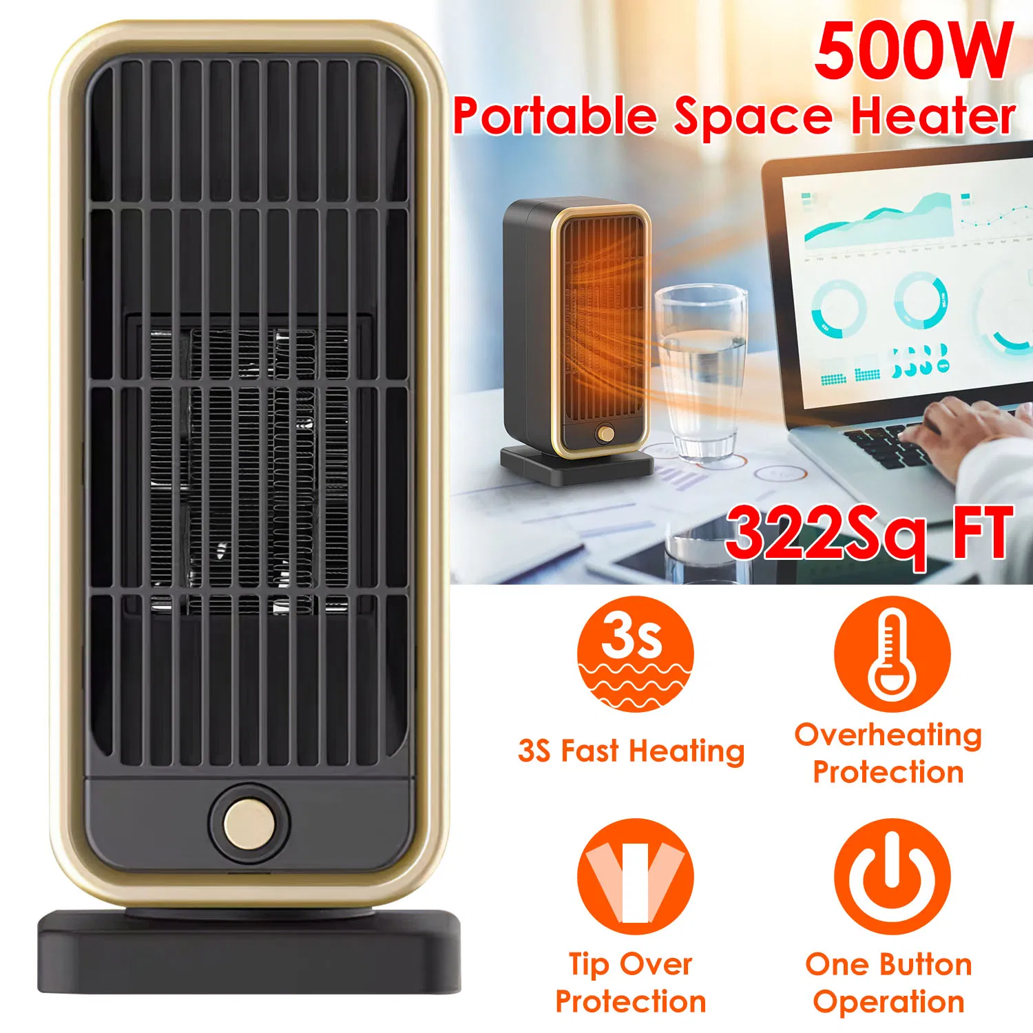 Indoor Portable Ceramic Space Heater, PTC Heating Tech, Overheat & Tip-Over Auto Shut-Off, Lightweight Desktop Heater for Home, Bedroom and Office Spaces photo 5