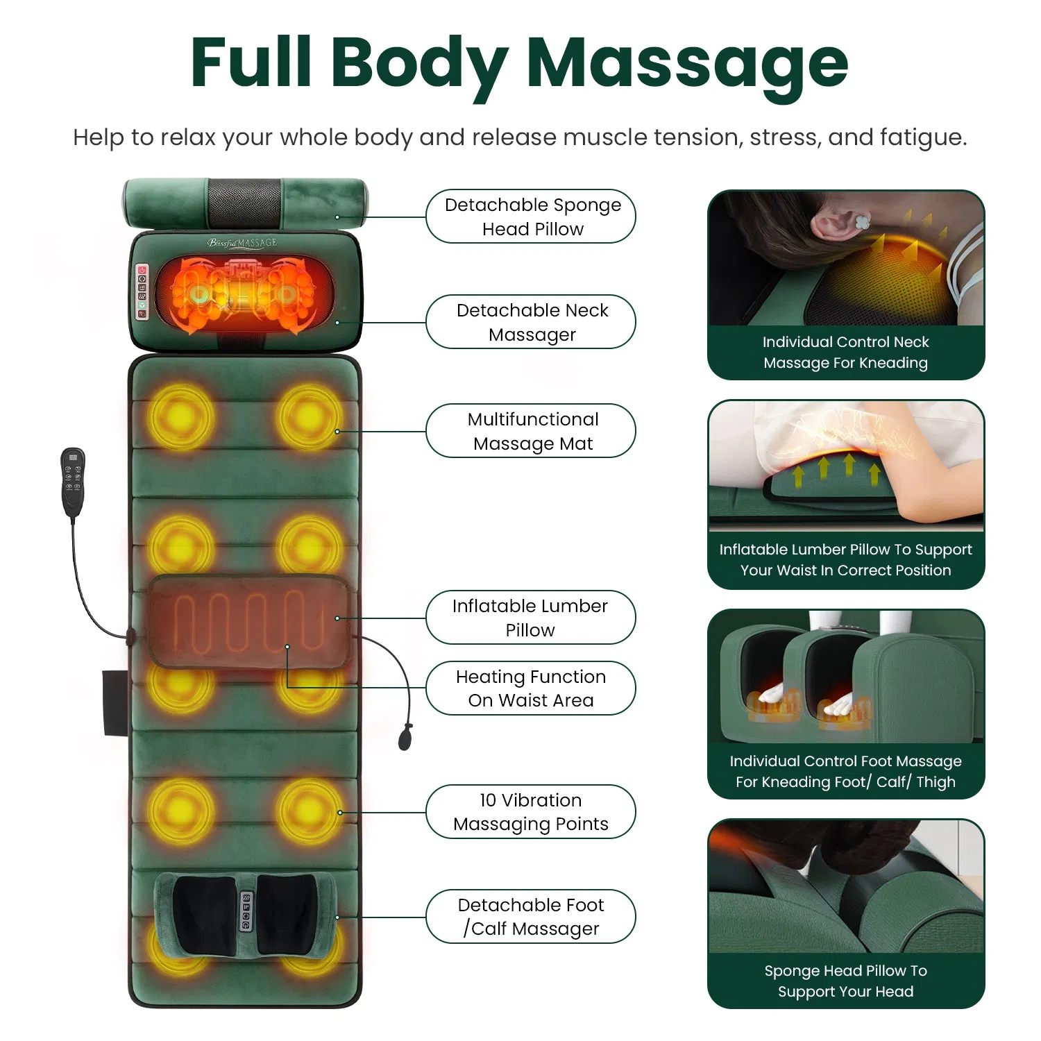 Full Body Massage Pad with Separable Shiatsu Neck & Foot Massagers, Adjustable Inflatable Waist Pillow 3 Heat Levels Custom Vibration Settings Foldable Design with Carry Bag photo 5