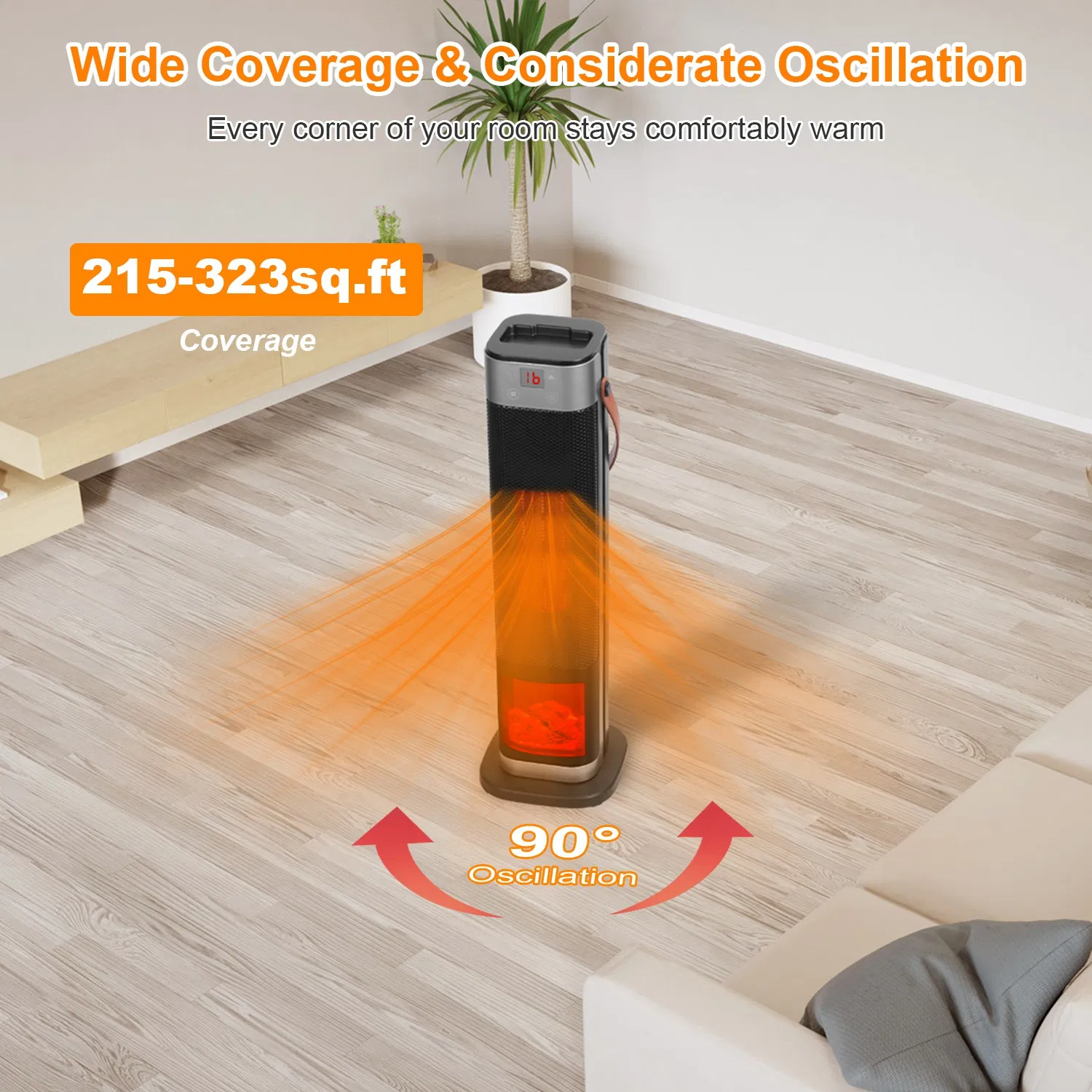 Portable 1500W Space Heater with Fireplace,90° Oscillating PTC Ceramic, Adjustable Thermostat Tower Heater,Overheating and Tip-Over Protection Fast Heating,Remote for Indoor photo 4