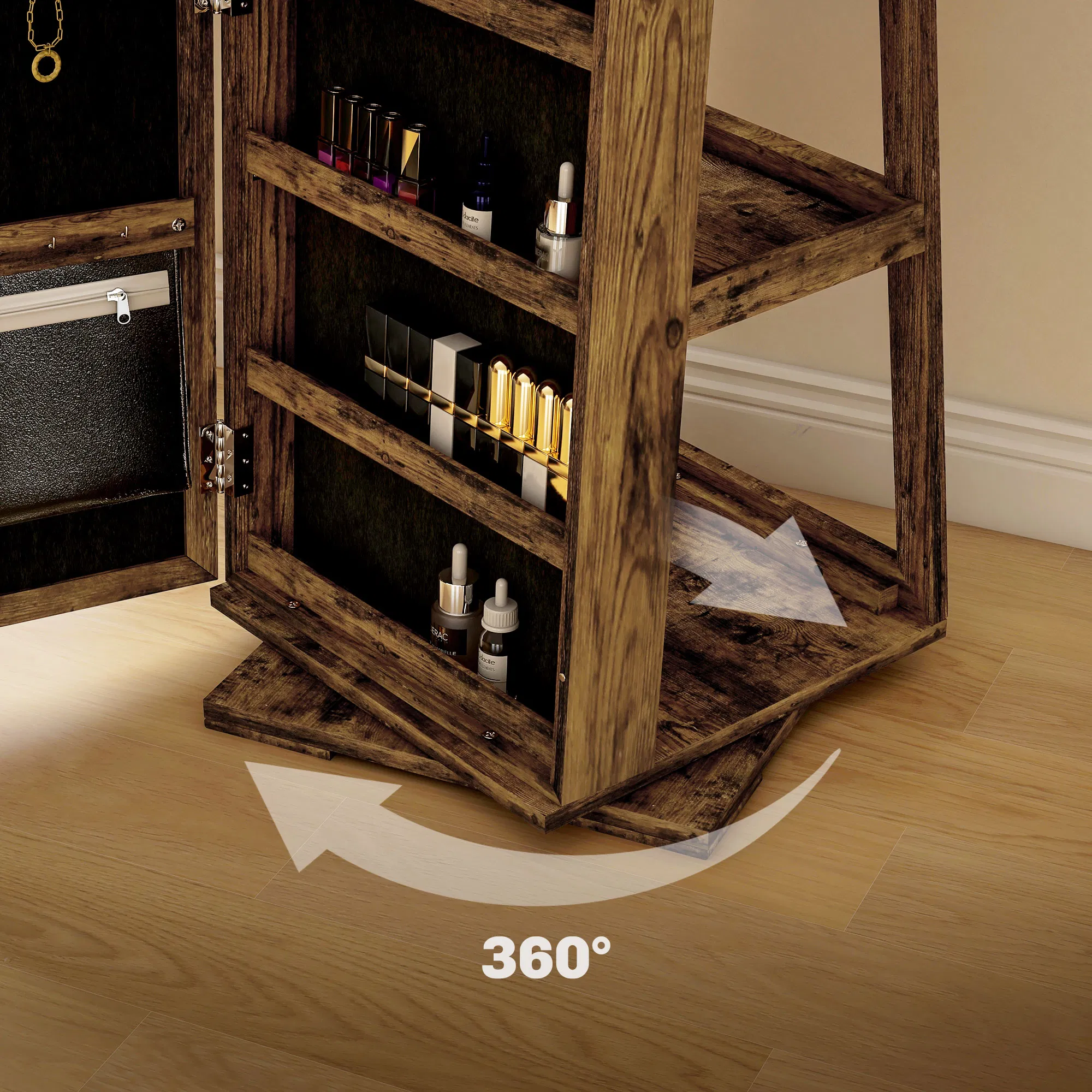 Swivel Jewelry Armoire, Lockable Mirror Jewelry Cabinet with Built-In Small Mirror, Rustic Brown photo 4