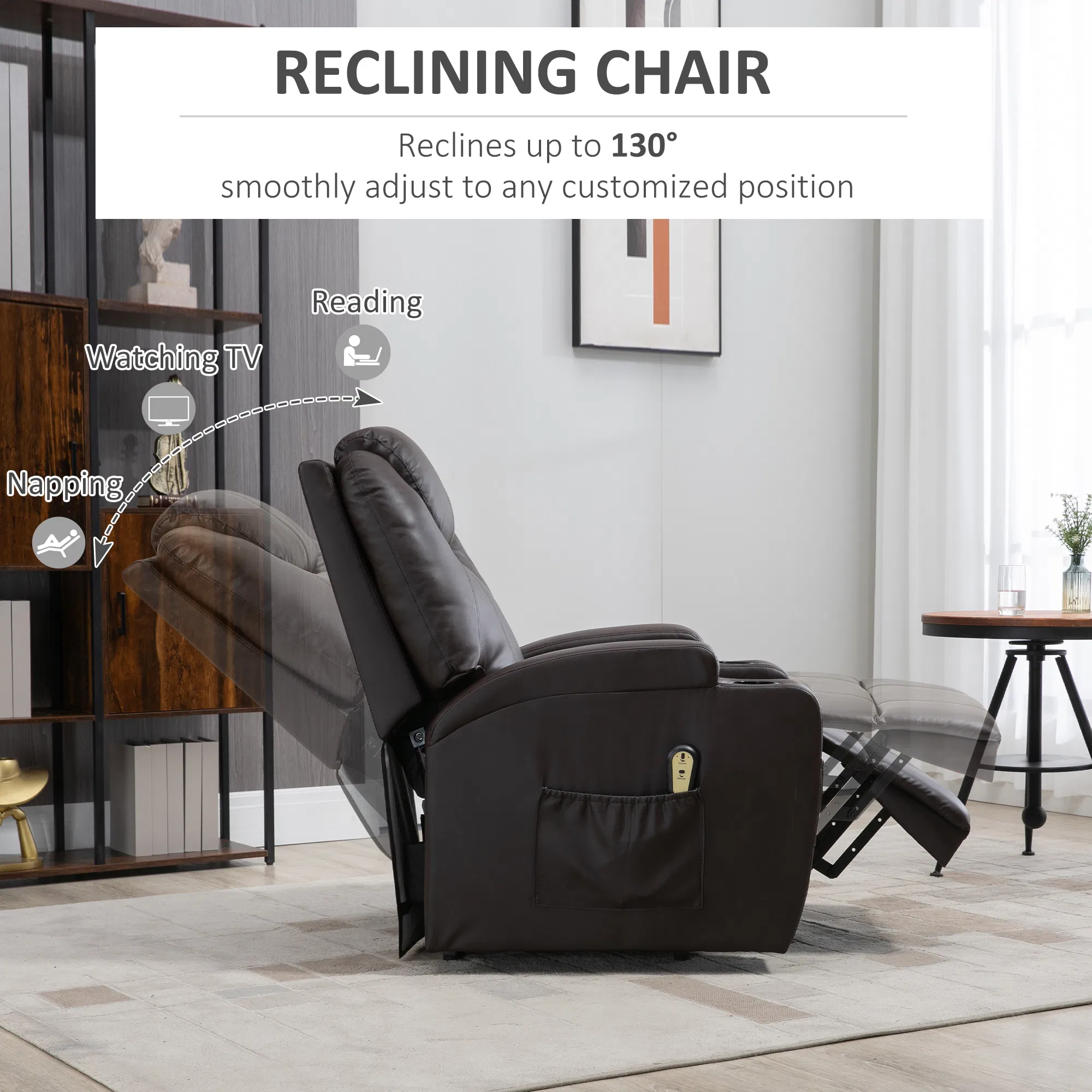 Power Lift Recliner Chair for Elderly, PU Leather Lift Chair with Footrest, Remote Control, Side Pockets and Cup Holders, Reclining Sofa for Living Room, Brown photo 3