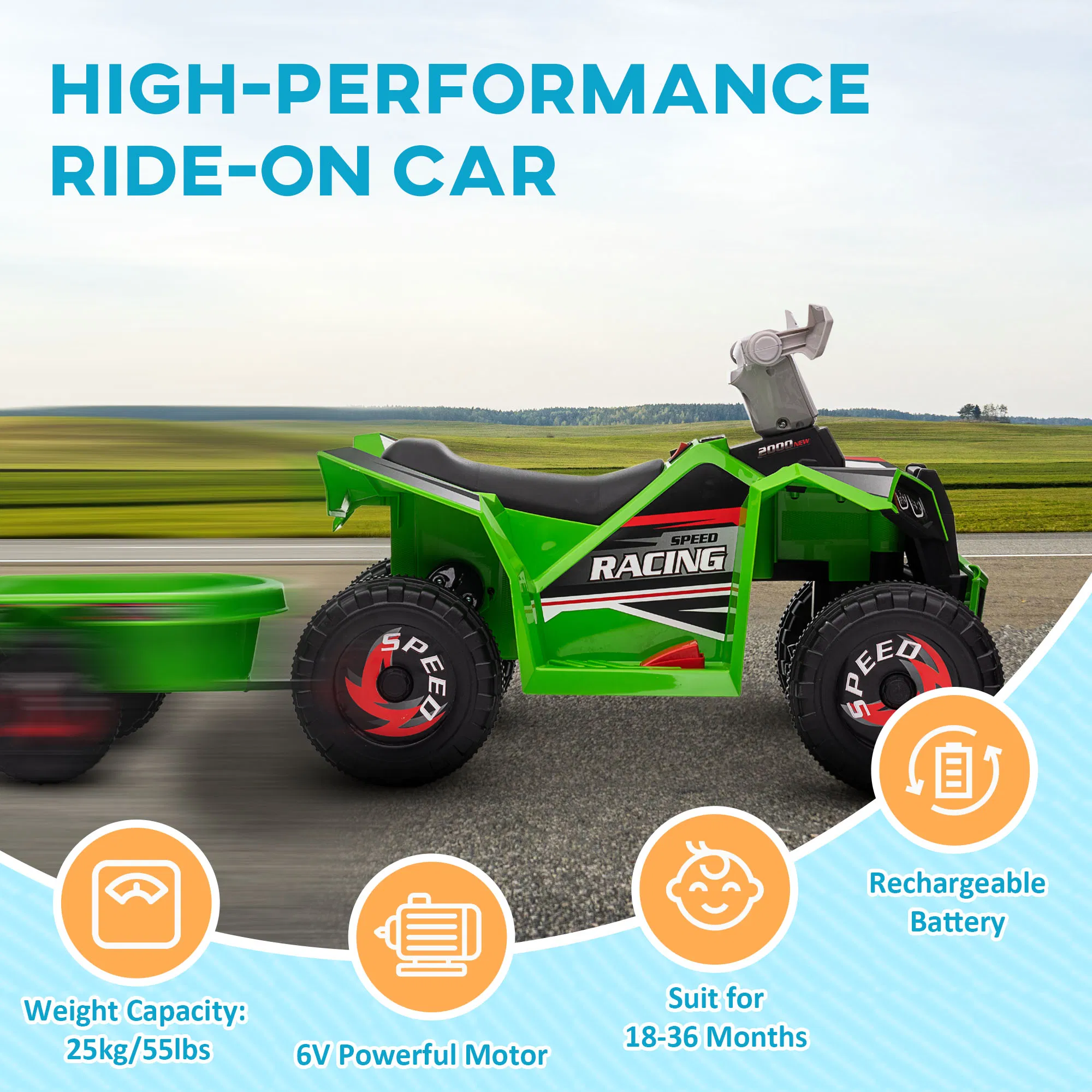 6V Electric Toy Car with Back Trailer, Forward Backward, Wear-Resistant Wheels for Ages 18-36 Months, Green photo 2