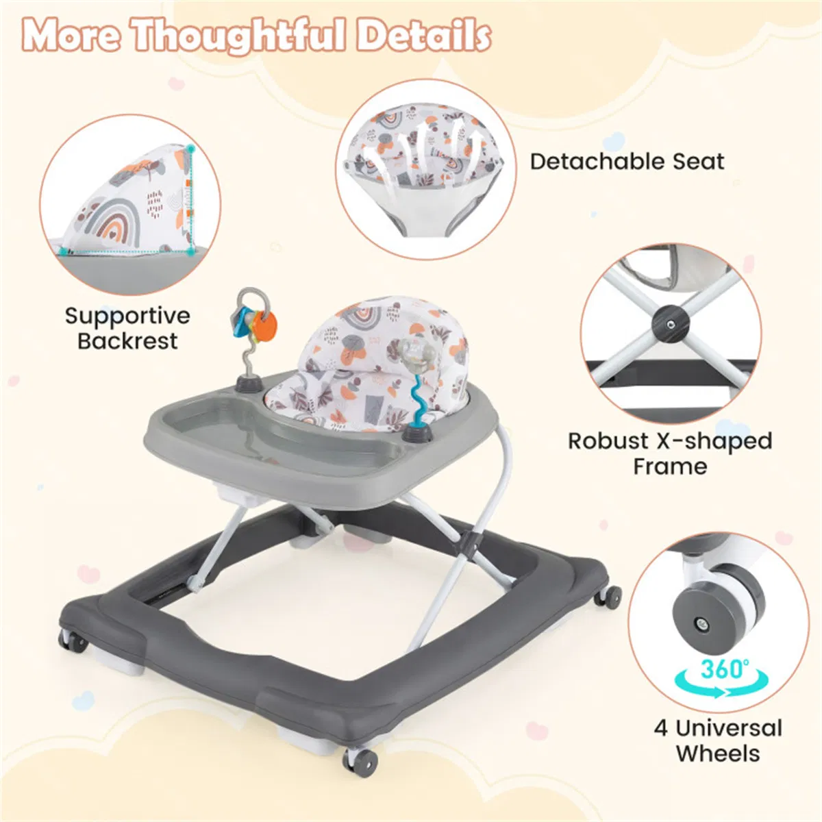 Grey Foldable Baby Walker with Detachable Tray & Shape Sorter Toys, 3-Level Height Adjustable for 6-12 Months photo 8