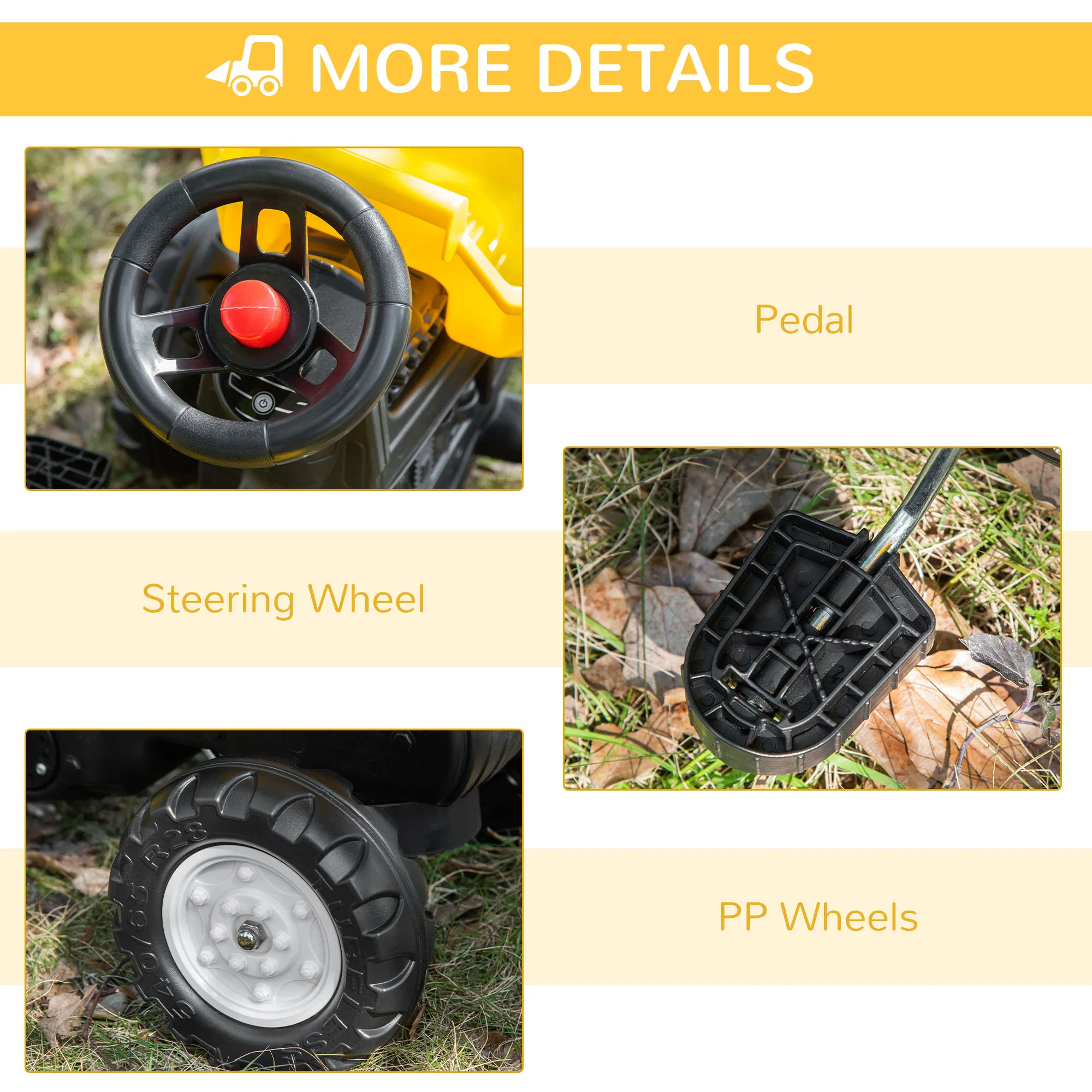 Ride on Tractor for Kids, Pedal Construction Car with Manual Control Bucket for 3 Year Old, Yellow photo 5