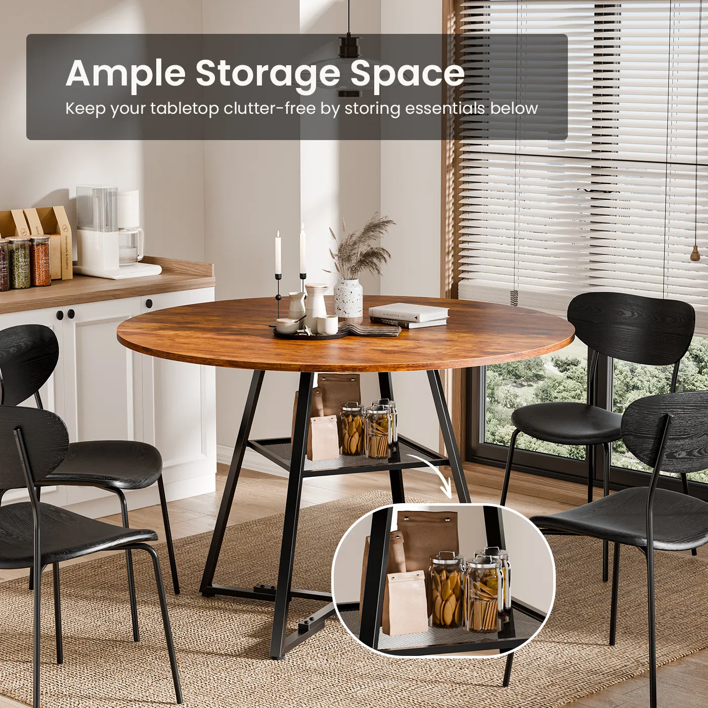 Round table, suitable for 4 to 6 people, a space-saving kitchen table with double-layer storage function, metal base frame photo 2