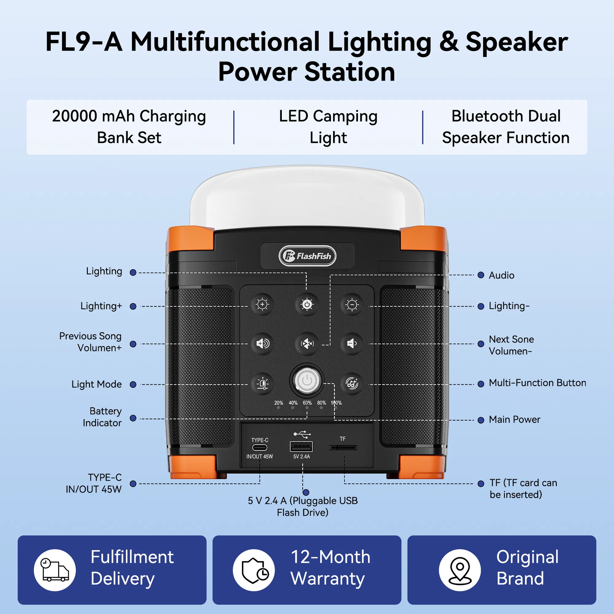 Flashfish FL9-A Multi-function Bluetooth Speaker | 56Wh Power Bank | Camping Light, 360° Surround Sound, USB-C, Bluetooth 5.0, 3-in-1 Power/Speaker/Home, Party, Outdoor Lighting photo 6