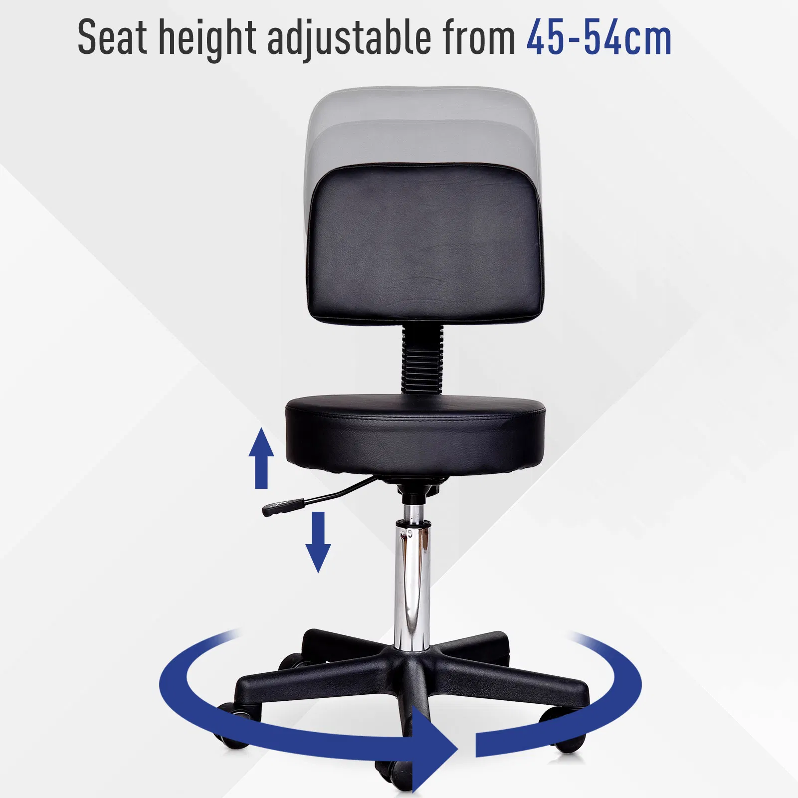 Rolling Stool Comfort: PU Leather Adjustable Swivel Drafting Stool with Back for Salon, Spa, Massage, Black Seating photo 5