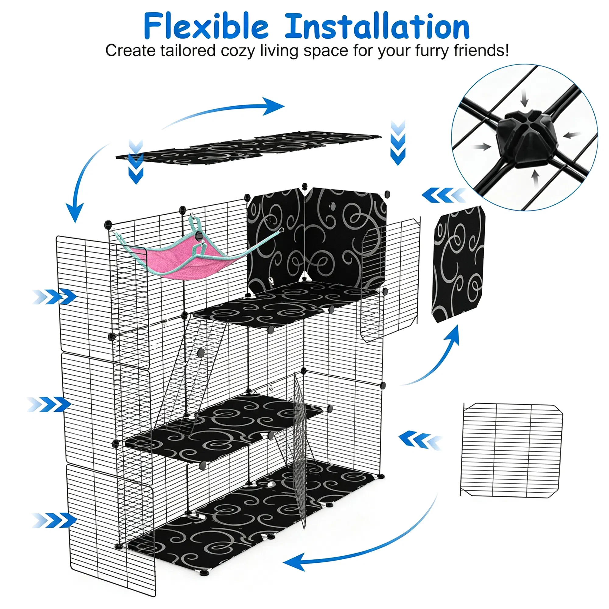 3-Level Metal Cat Cage Enclosure, Modular Pet Habitat with 3 Doors, 2 Ladders, Plush Hammock and Toy Ball for Small Indoor Animals photo 8