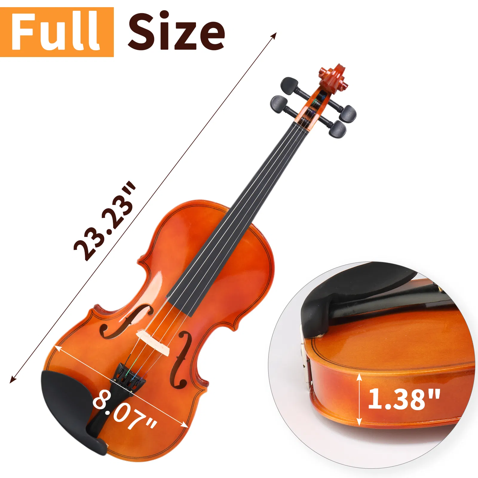 GV100 4/4 Acoustic Violin Case Bow Rosin Strings Tuner Shoulder Rest Natural photo 3