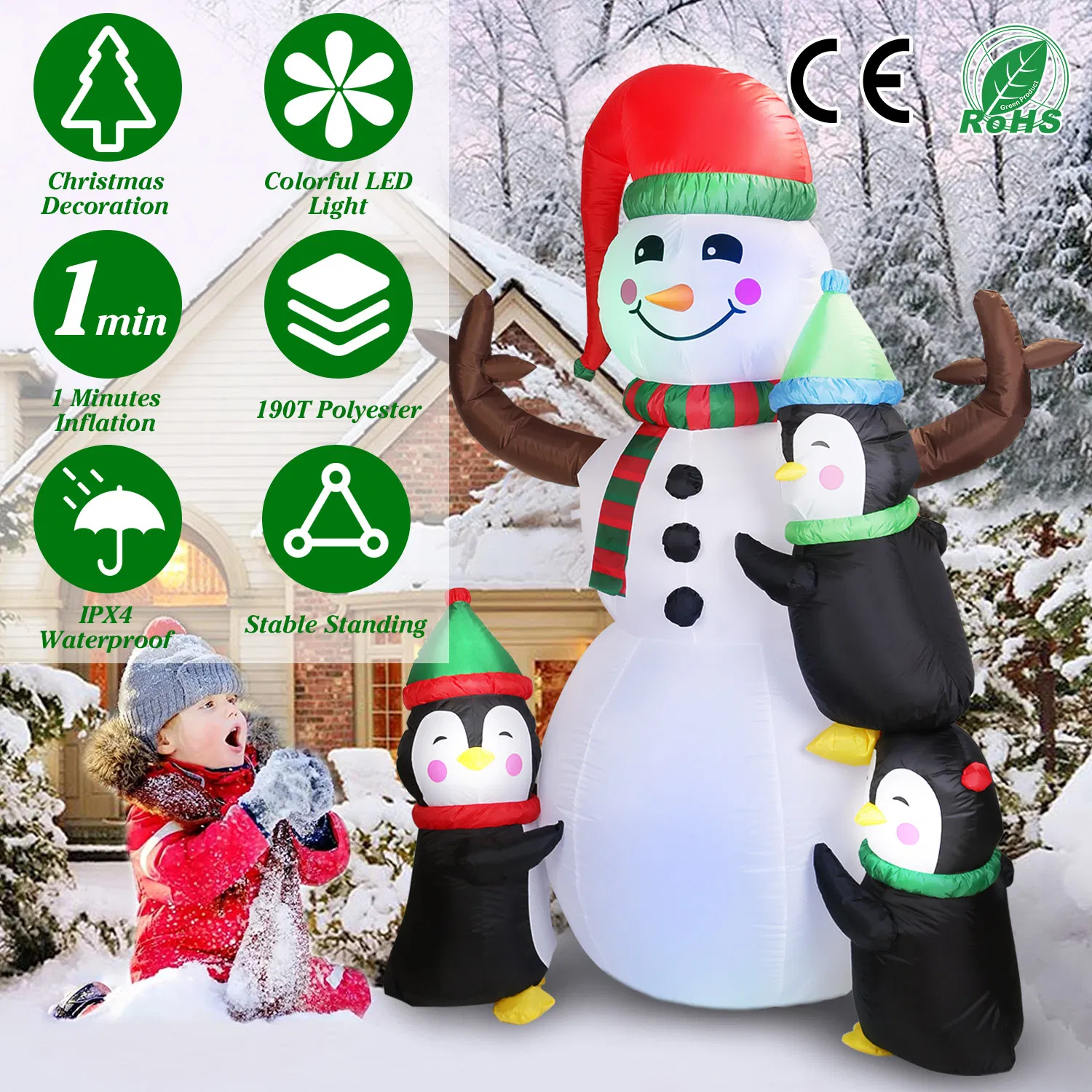 5.9FT Christmas Inflatable Decoration - Snowman & 3 Penguins with 5 LED Lights Includes Stakes/Ropes/Sandbags for Yard, Garden, Outdoor Indoor Decor photo 5