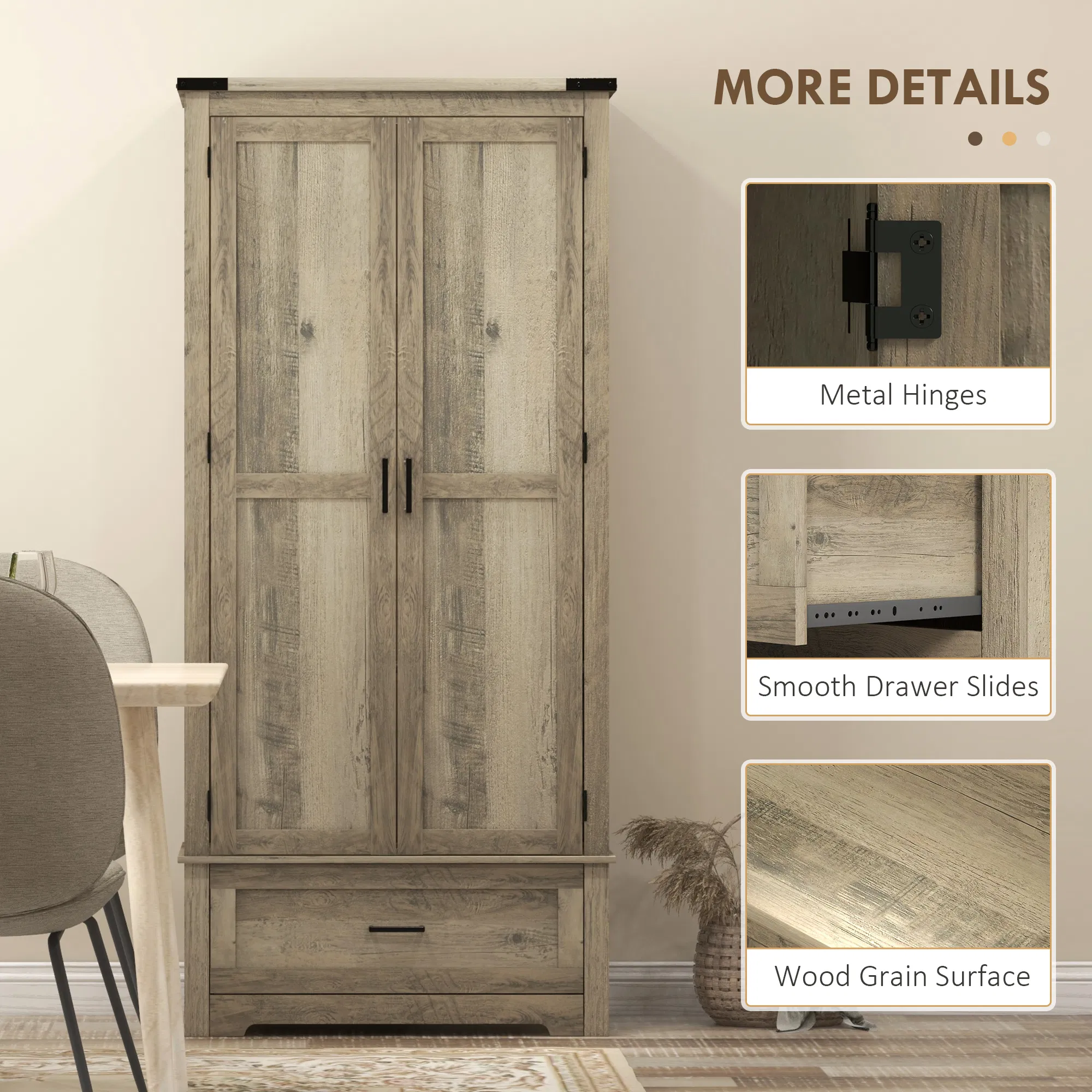 69" Tall Farmhouse Kitchen Pantry Cabinet with 2 Doors, Drawer and Adjustable Shelves, Grey photo 4