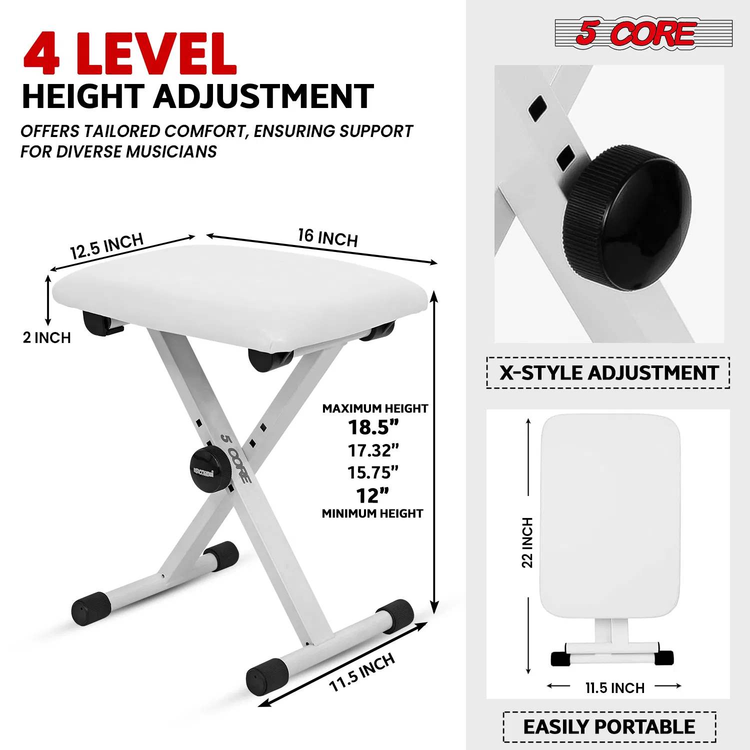 5 Core Keyboard Bench 2 Inch Padded Cushioned Piano Stool Height Adjustable 19" Guitar Seat Portable photo 4