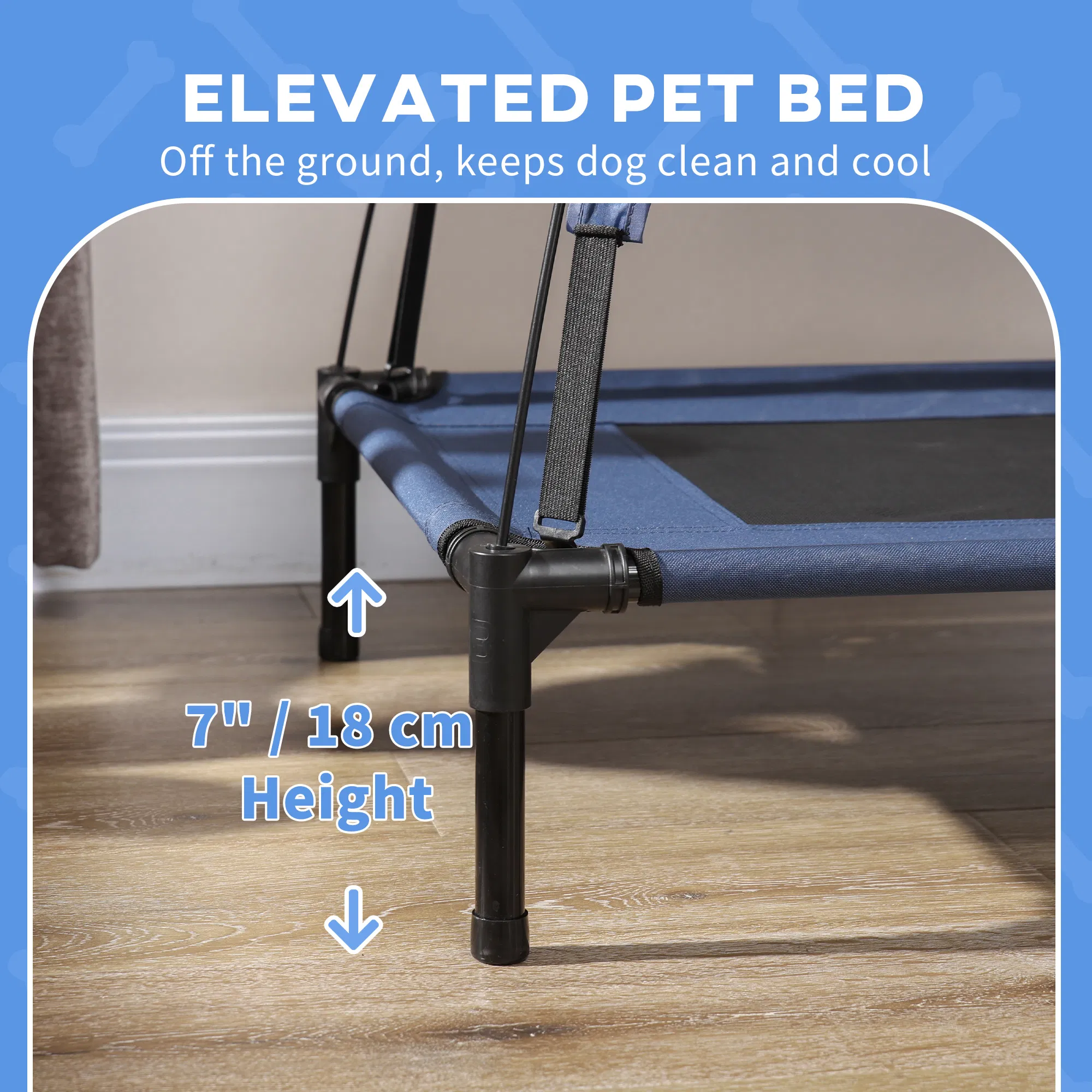 Elevated Dog Bed with Canopy, Portable Raised Dog Cot for L Sized Dogs, Indoor & Outdoor, 36" x 30" x 35", Dark Blue photo 2