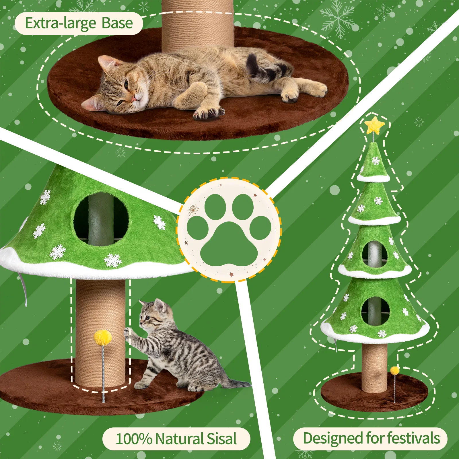 59in Large Tall Christmas Tree Cat Tower with 2 Cat Condos & Scratching Post, Soft Fleece Cat Tree with Teaser Toy & Sturdy Base & Built-in Openings for Indoor Cats, Green & White photo 4