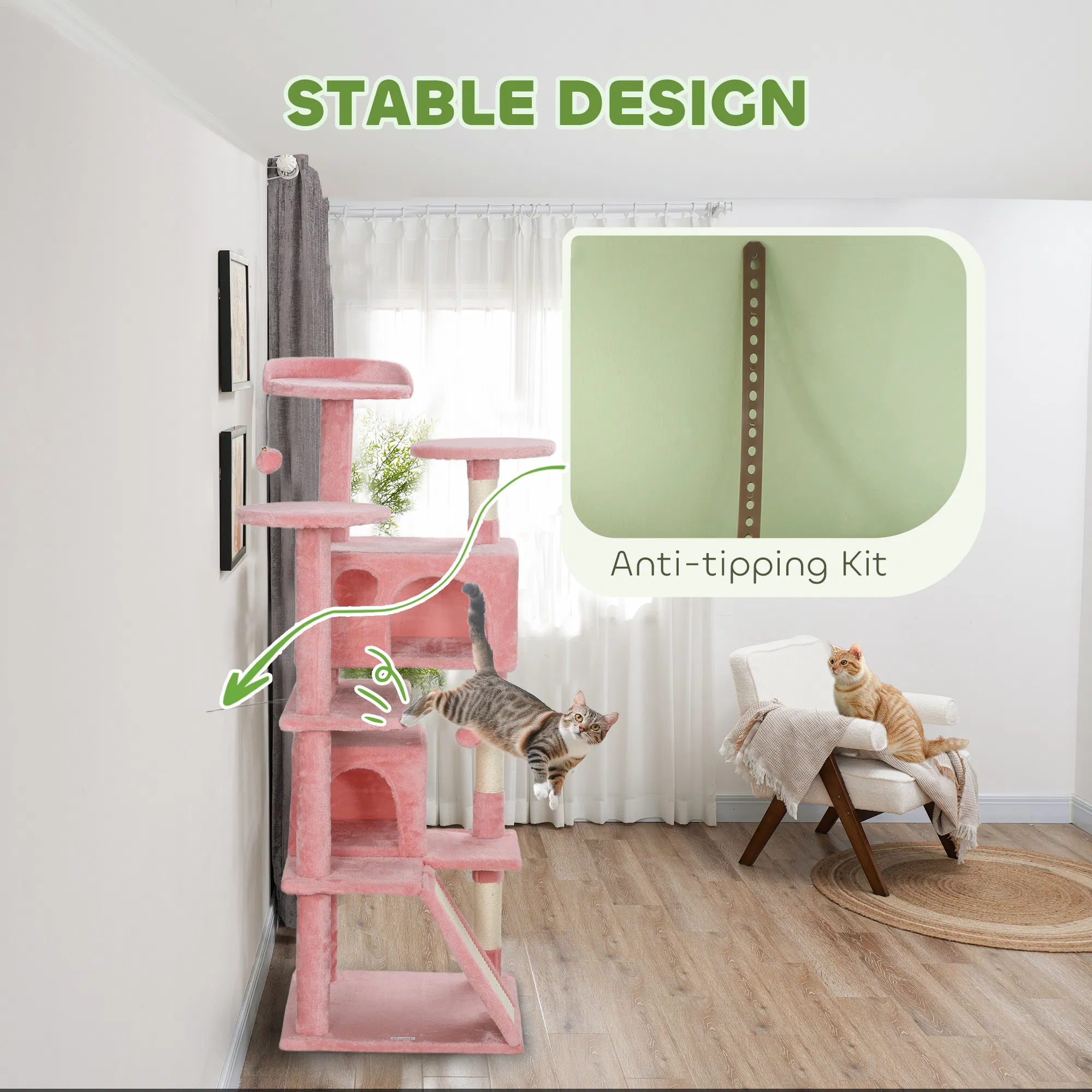 54" Cat Tree, Multi-Level Cat Tower with Scratching Posts, Cat Condos, Bed, Platforms, Ramp, Toy Ball, Pink photo 4