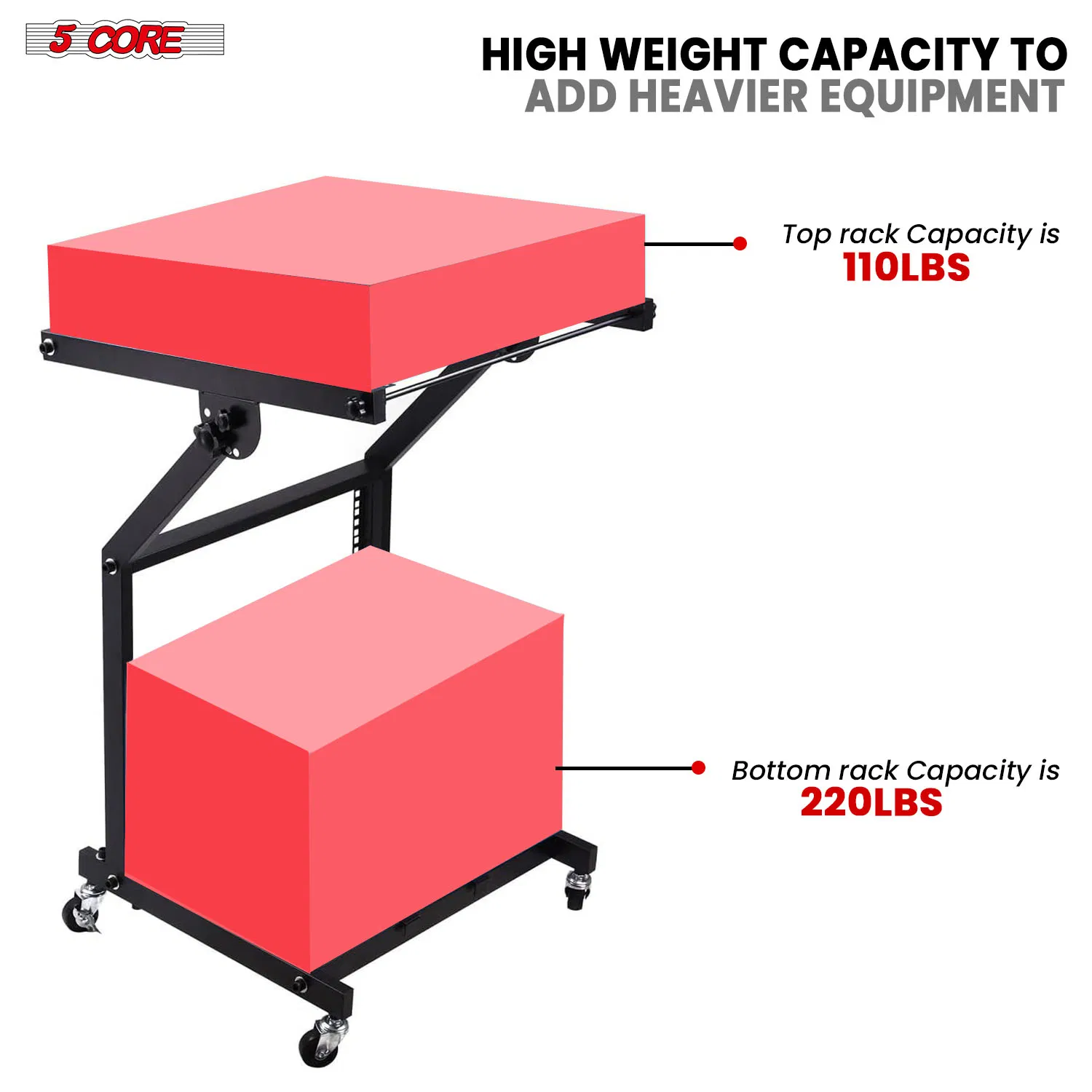 5 Core DJ Mixer Stand 9U/12U/16U Adjustable Rack Mount Rolling Stage Cart Pro Audio Studio Equipment for Homes Offices Stage Music Studios w Wheels photo 2