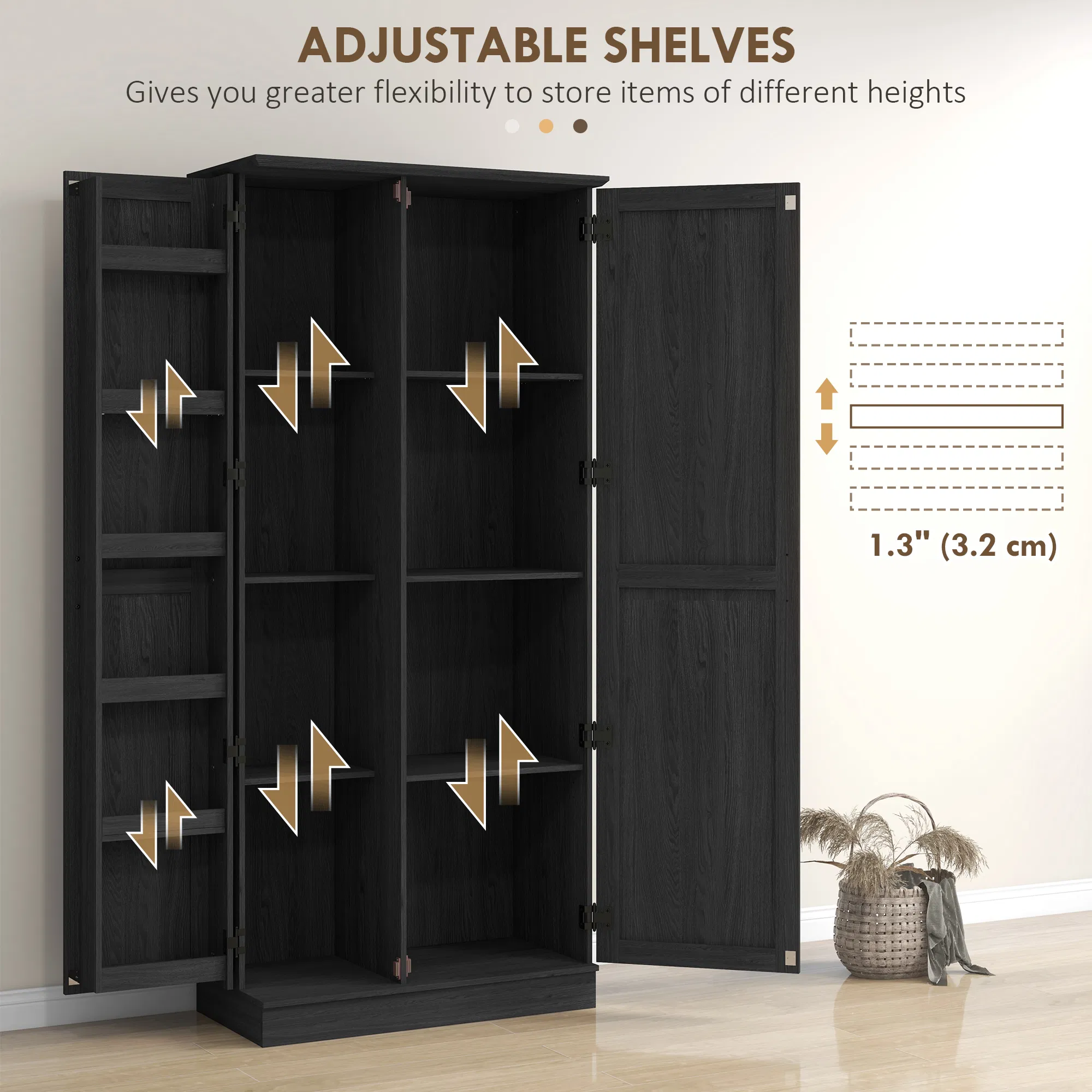 70" Tall Kitchen Pantry Cabinet with Door Shelves and Adjustable Shelves, Black Wood Grain photo 6