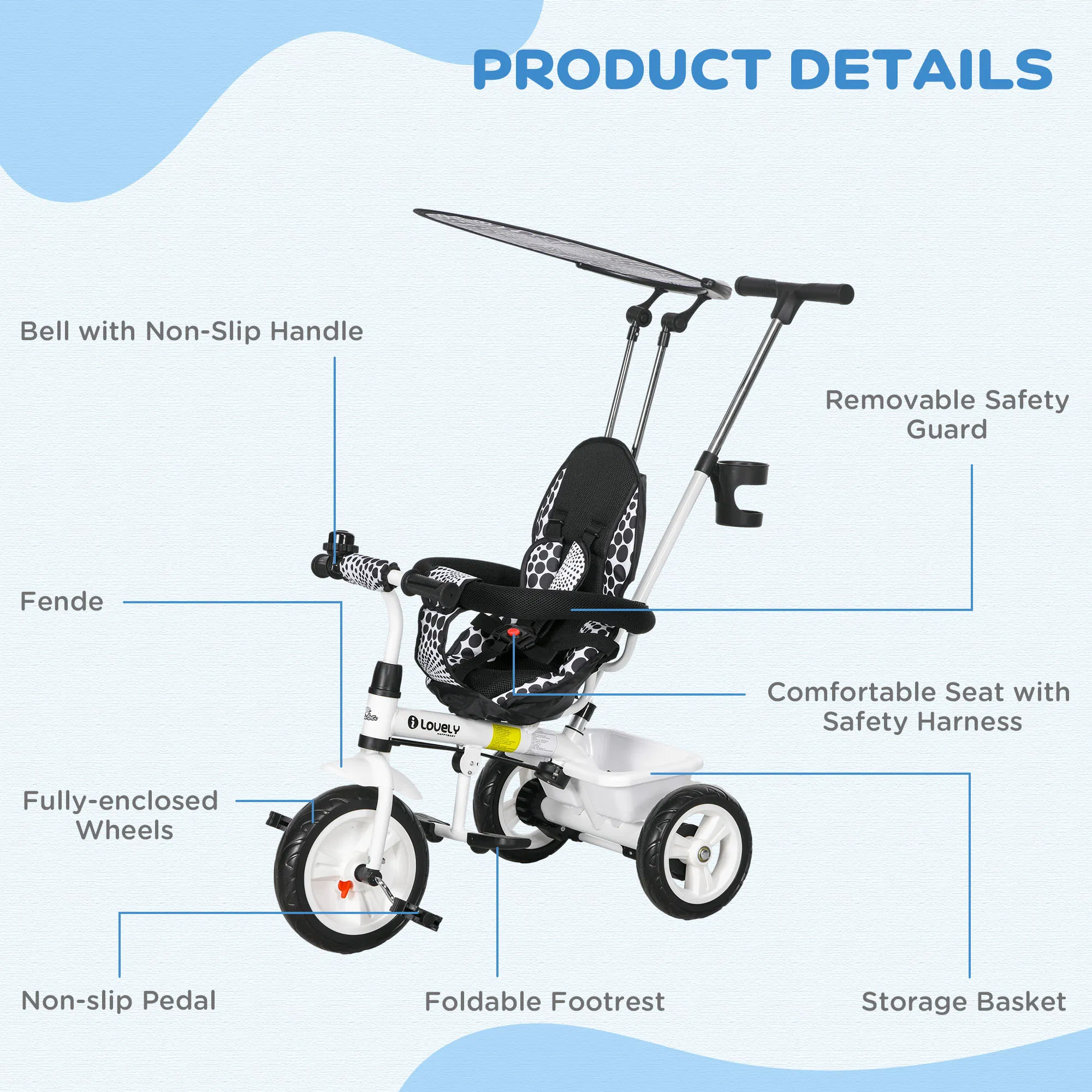 6 in 1 Kids Tricycle with Removable Handlebar and Canopy, White photo 3