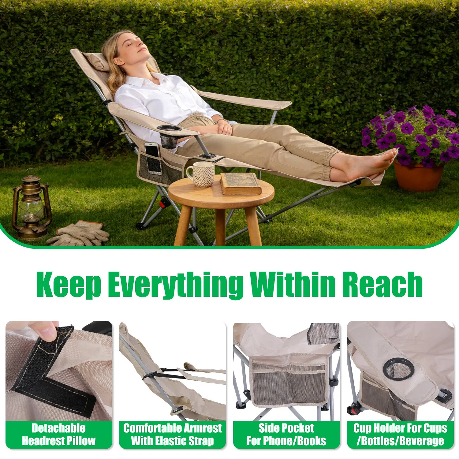 1Pc Reclining Camping Chair with Footrest 4-Position Adjustable Outdoor Folding Chair Heavy Duty Portable Camping Lounge Chair with Headrest Cup Holder & Side Pocket for Outdoor Beach Patio Travel photo 6