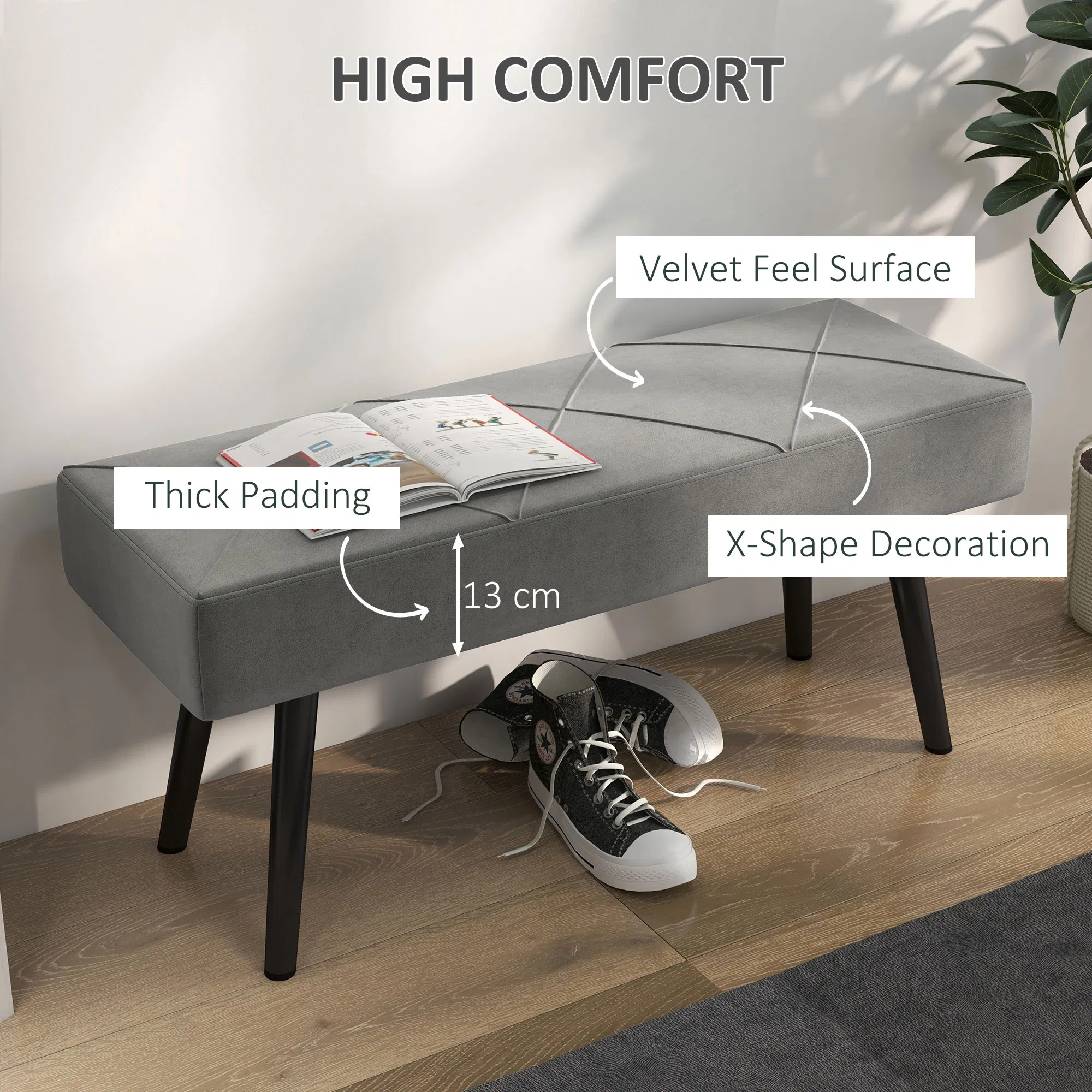 39 Inches Upholstered Bedroom Bench, Modern End of Bed Bench with Steel Legs, Grey photo 6