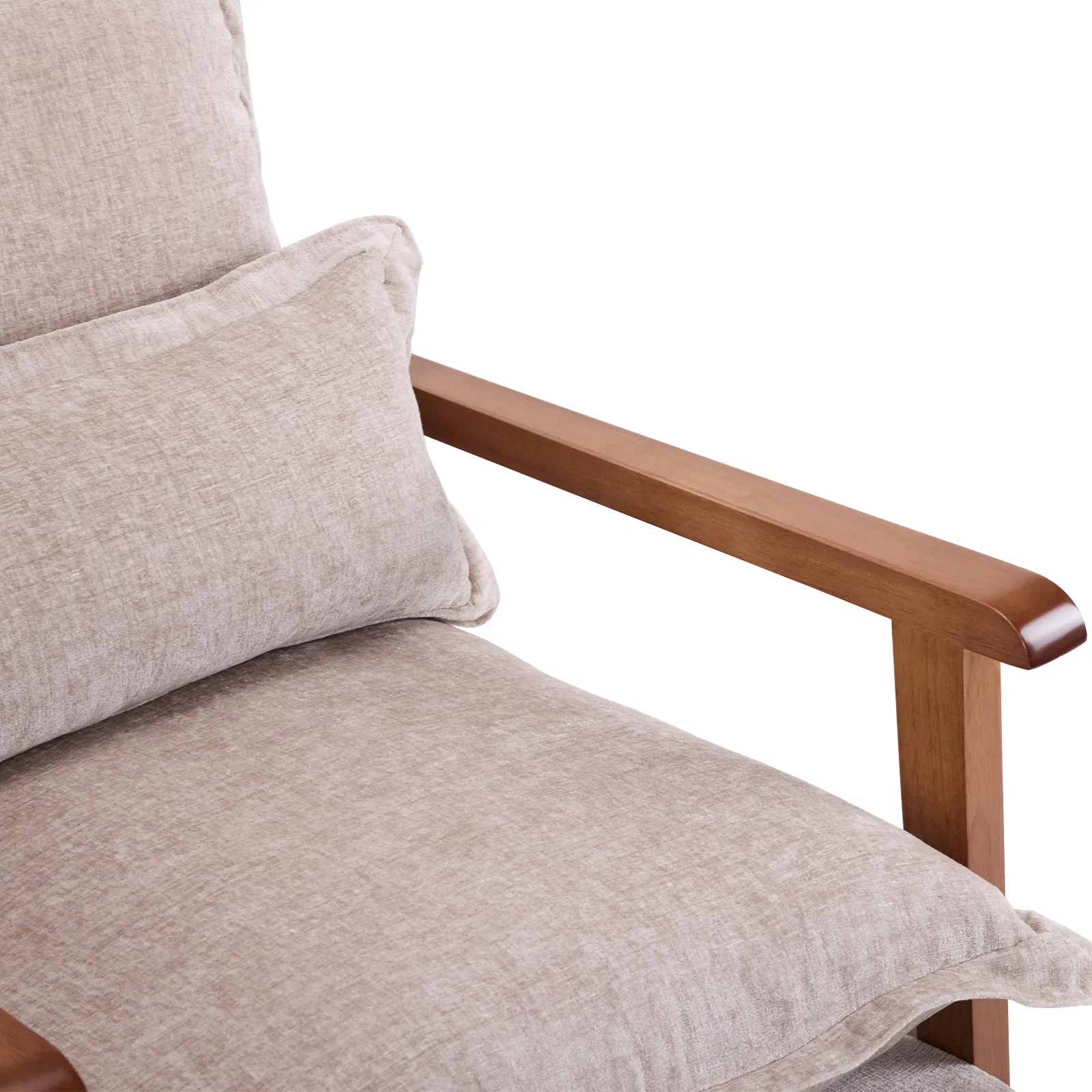 Cloud Shaped Indoor Leisure Chair with Solid Wood Armrest, Metal Frame, Chenille Fabric Accent Chair with Lumbar Pillow, Single Sofa Chair Khaki photo 7