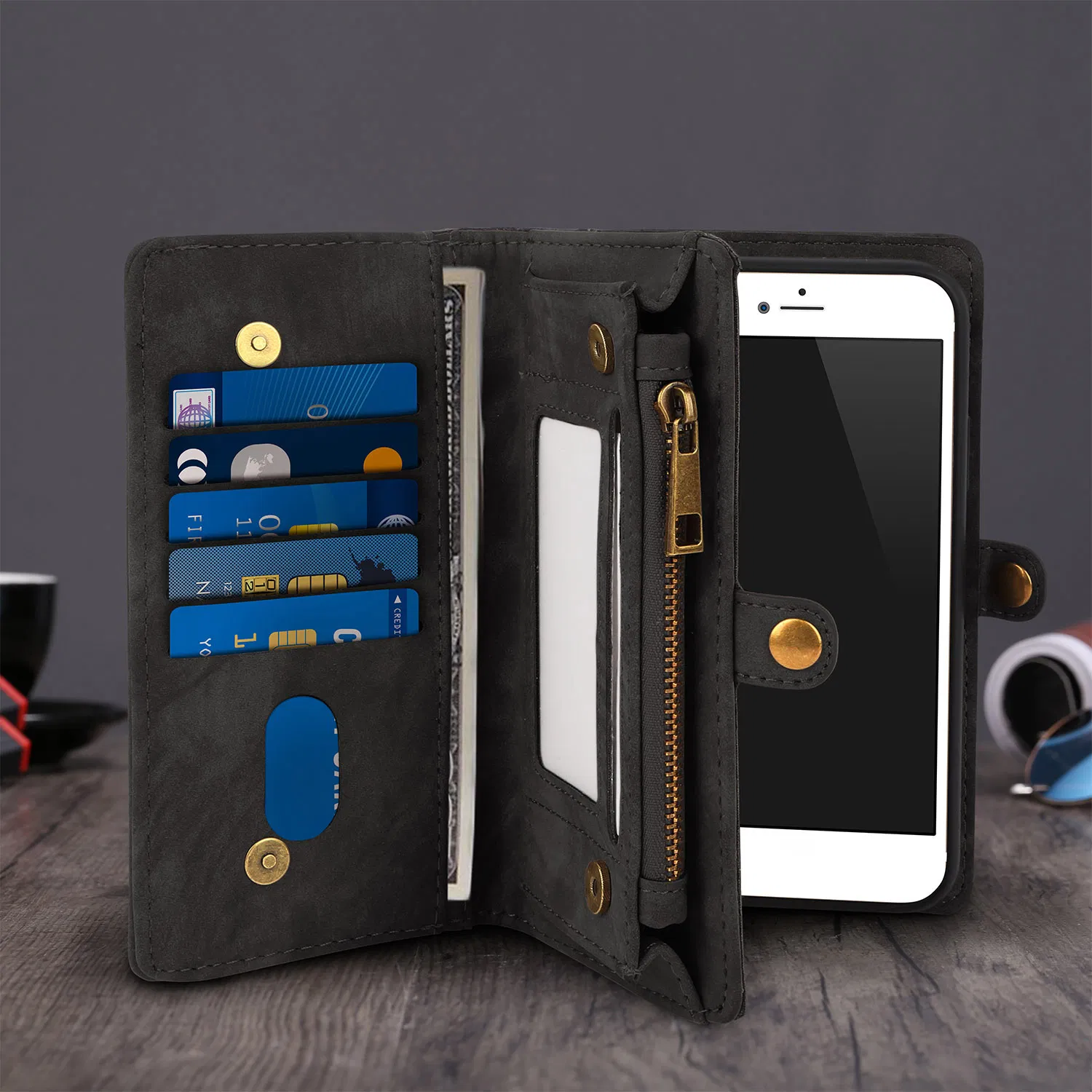Phone Wallet Case For iPhone 8 Plus Portable Wallet Case 2 in 1 Leather Zipper Magnetic Detachable 15 Card Slots Money Pocket Clutch Cover W/ID Widows photo 3