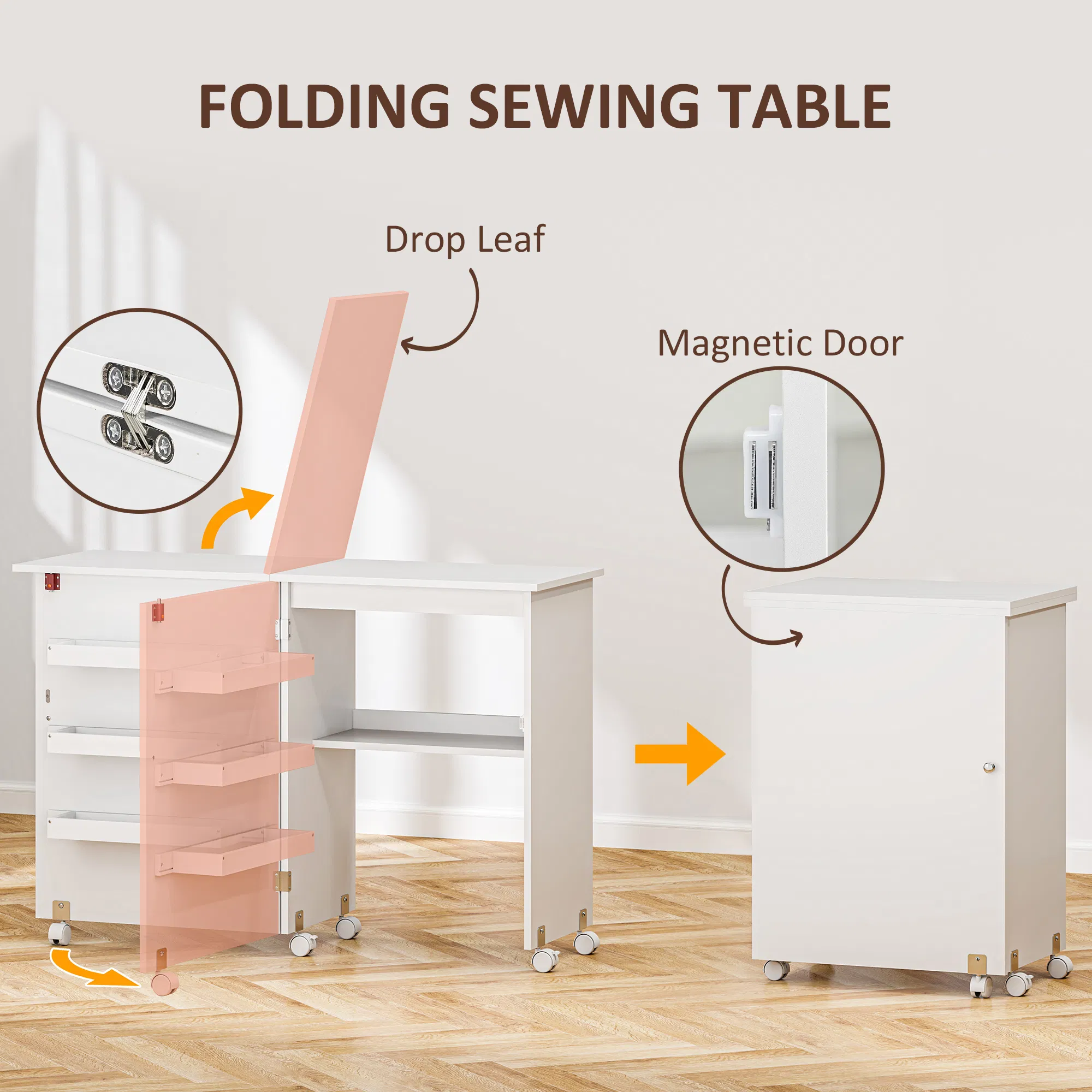 Sewing Machine Cabinet, Folding Sewing Table with Storage Shelf, Bins and Lockable Wheels for Small Space, White photo 5