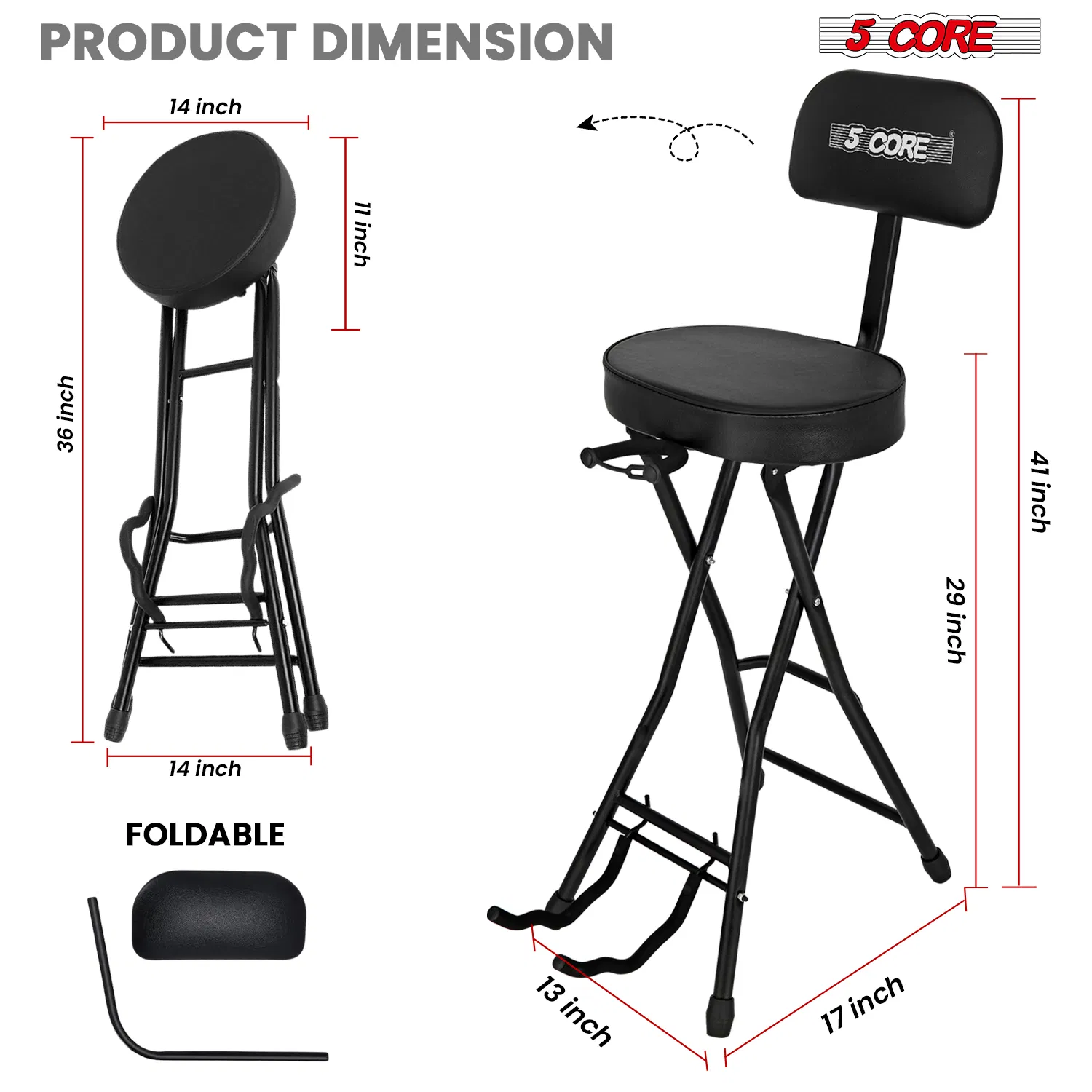 5Core Guitar Stool 3.15" Padded Chair w Backrest Foldable Music Seat Built in Foot Rest Guitar Stand photo 4