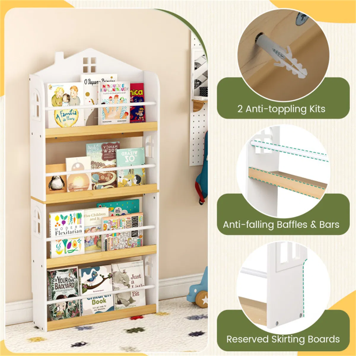 4-Tier House-Shaped Kids Bookshelf, 60.96×15.24×129.54 cm Front-Facing Book Rack with Anti-Toppling Kits for 3+ Years, White & Natural photo 3