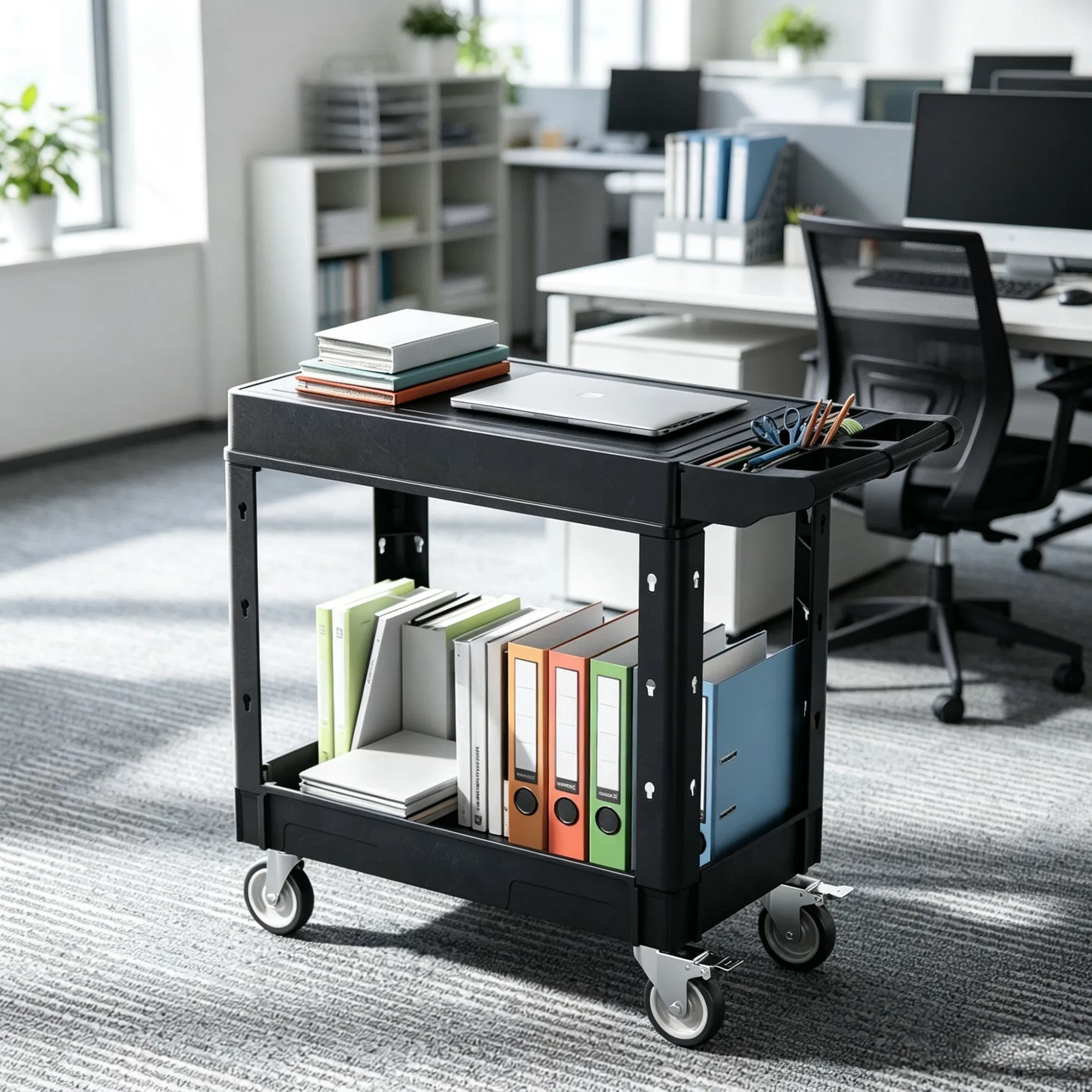 550 lbs Utility Cart, 31.3 x 17.7 Inch 2-Shelf Heavy Duty Plastic Service Cart with 360 Swivel Wheels (2 with Brakes), Suitable for Warehouse, Garage & Cleaning photo 5