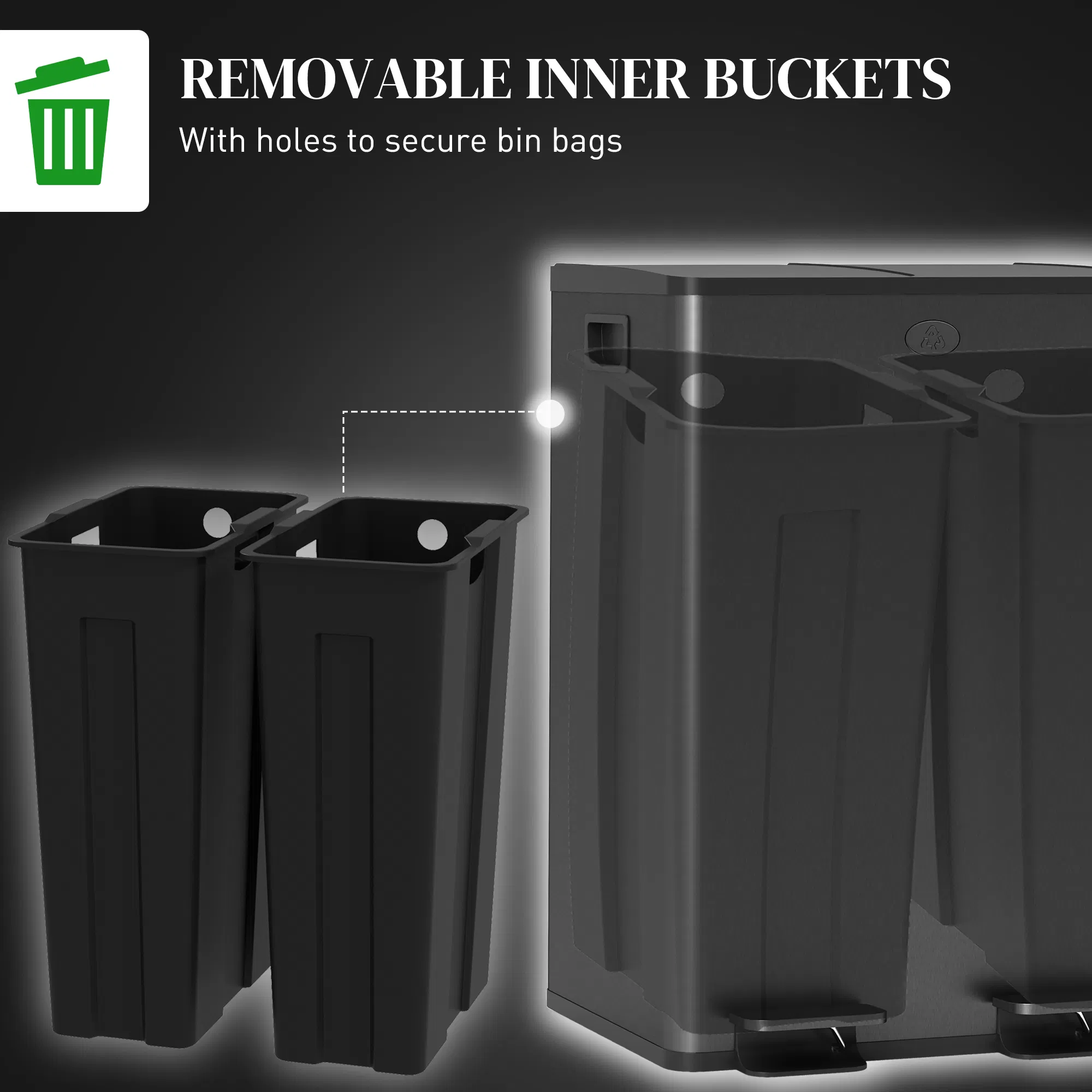 Dual Garbage Bin, Soft-Close Trash Can with Foot Pedal, 2 x 28 Liter Garbage Can with Removable Inner Buckets, Black photo 5