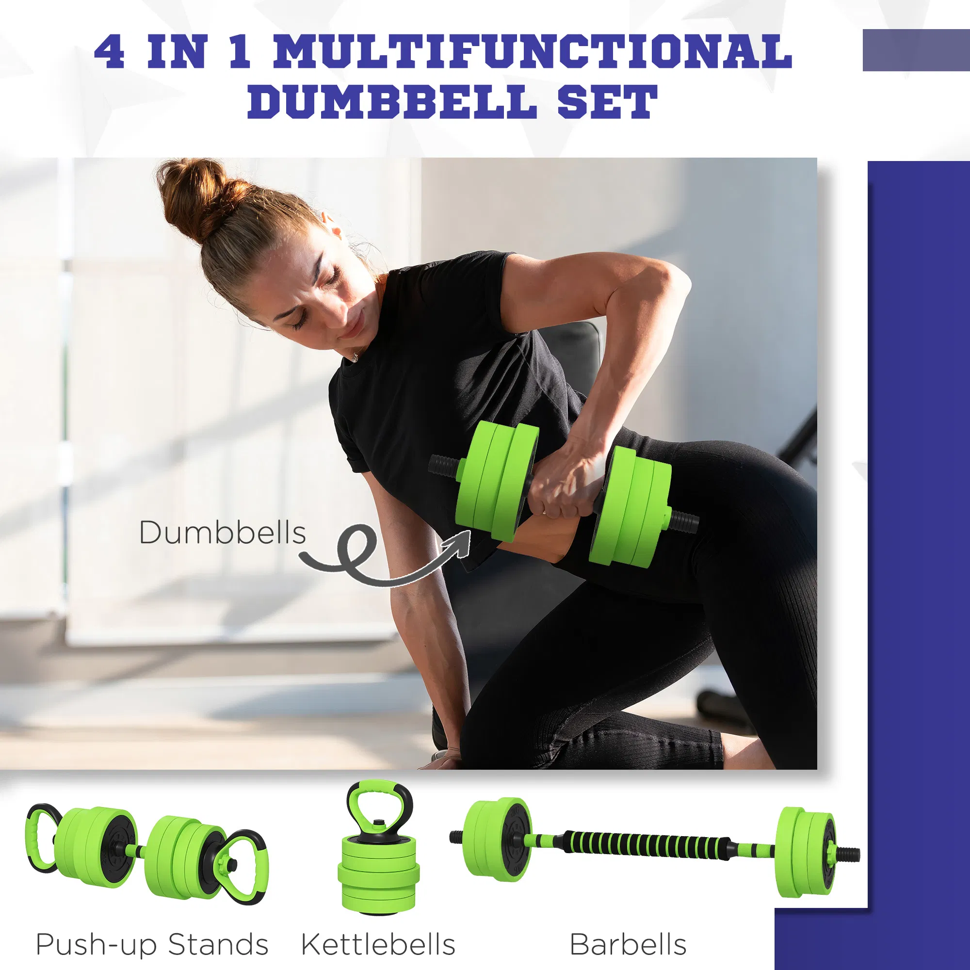 88lbs 4-in-1 Adjustable Weight Dumbbell Set, Barbell, Kettlebell, Push Up Stand, Green photo 6