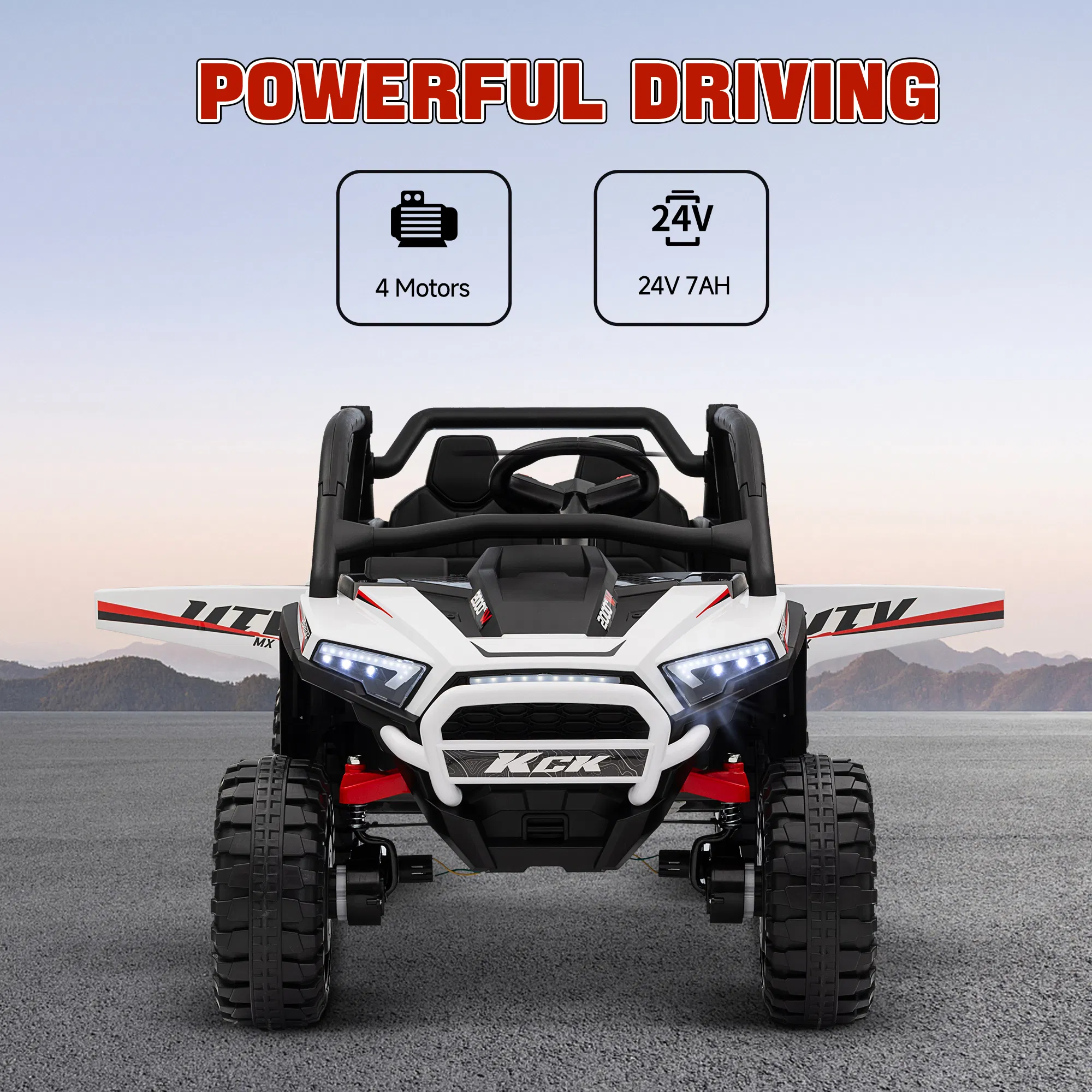 2 Seater 24V 7AH Ride on Truck, Electric Car for Kids w/ Spring Suspension, Remote Lights, Horn, Music, White photo 2