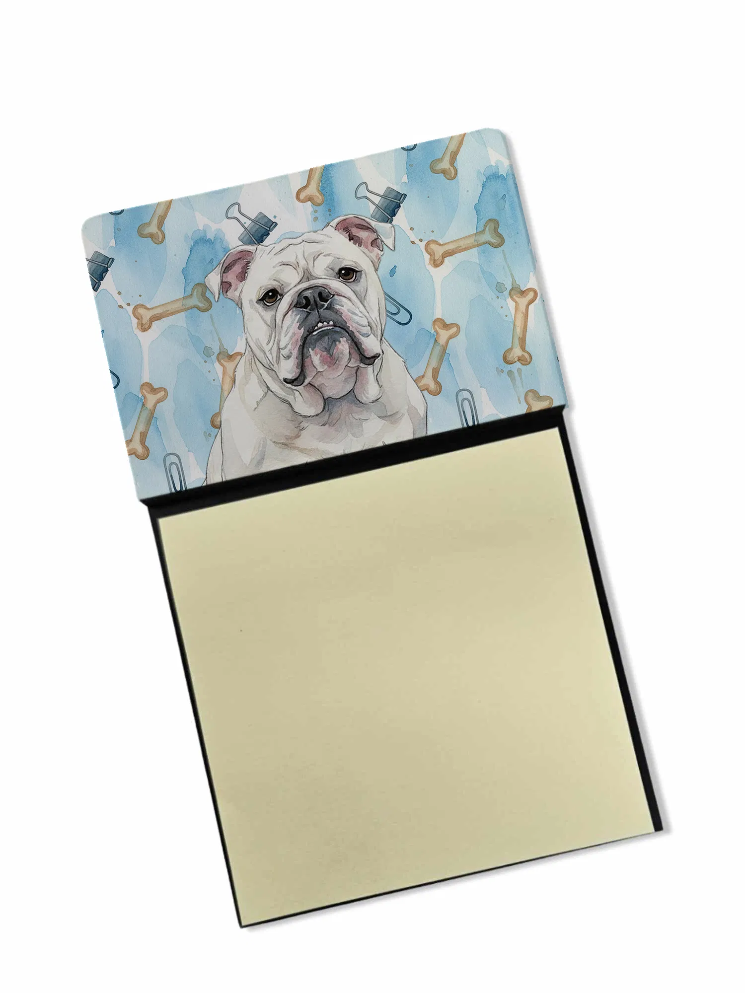 White English Bulldog Coworker Watercolor Sticky Note Holder Refillable Dispenser Desk Accessory 3x3 Pad Gift photo 1