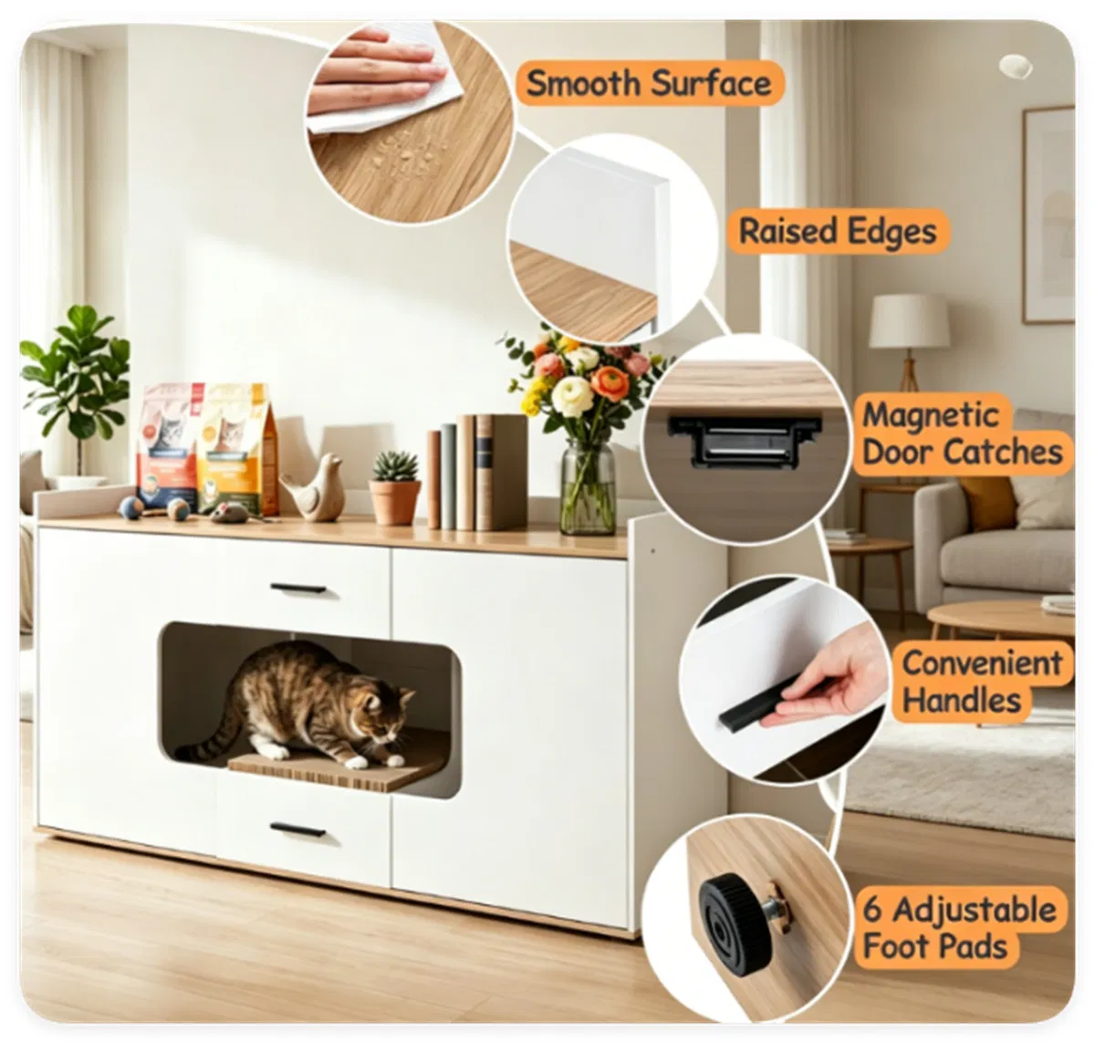 Large Cat Litter Box Enclosure Furniture with Storage Drawers & Built-In Scratching Board, Hidden Cat Washroom Cabinet with Anti-Tipping Kit for Living Room Bedroom photo 4