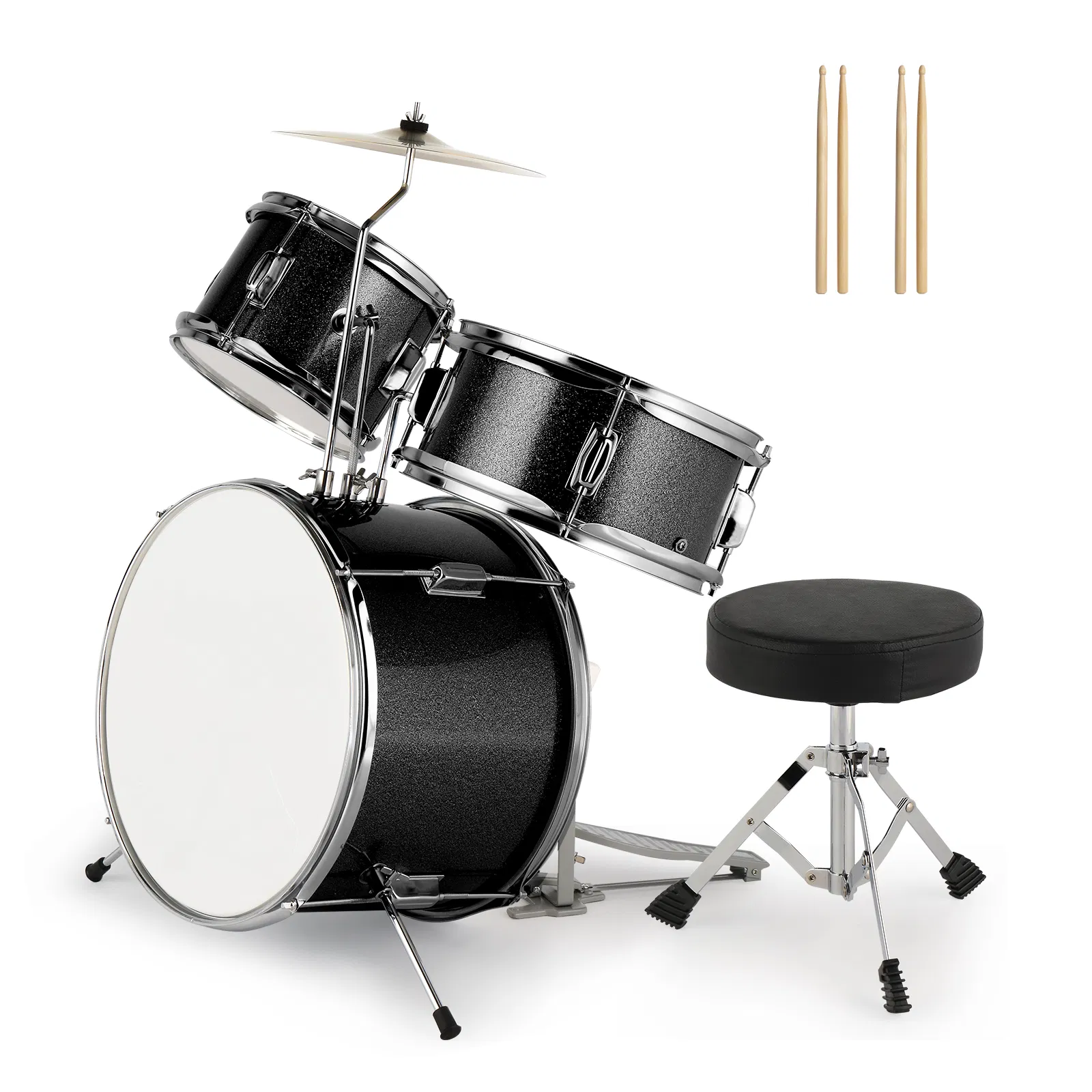 14"x10" 3-Pieces Junior Kids Drum Set Kit Pedal Drum Stick Wrench Drum Stool Black photo 5