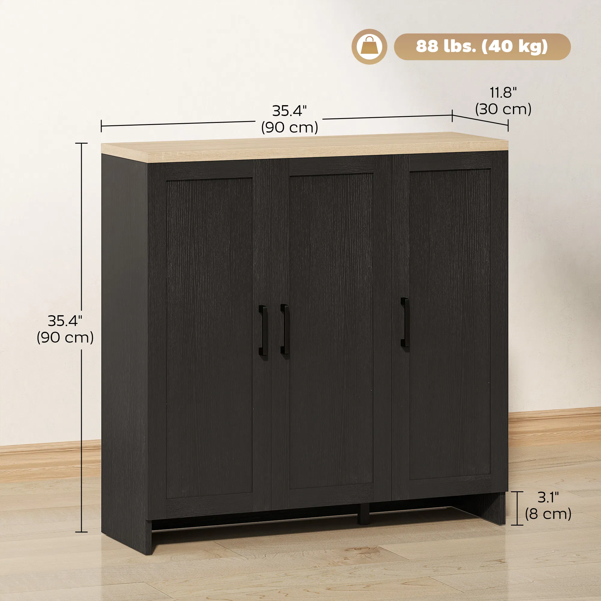 Modern Sideboard Buffet Cabinet, Modern Kitchen Storage Cabinet with 3 Doors Adjustable Shelves, for Dining Room, Black photo 5