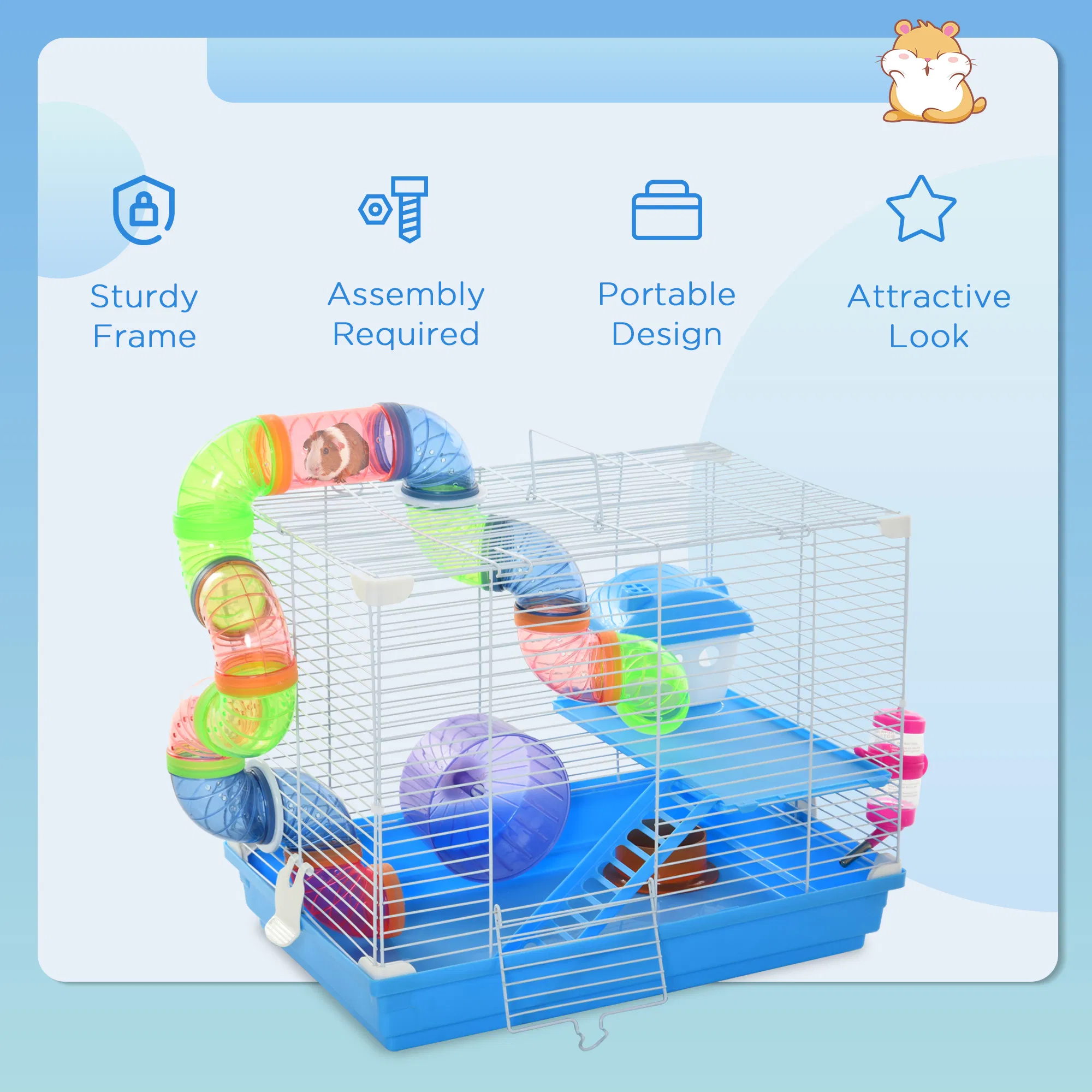18"L Hamster Cage, Small Animal House, 2-Level Rat Gerbil Haven with Tunnel Tube System, Exercise Wheel, Water Bottle, Food Dish, Ramp, Blue photo 5